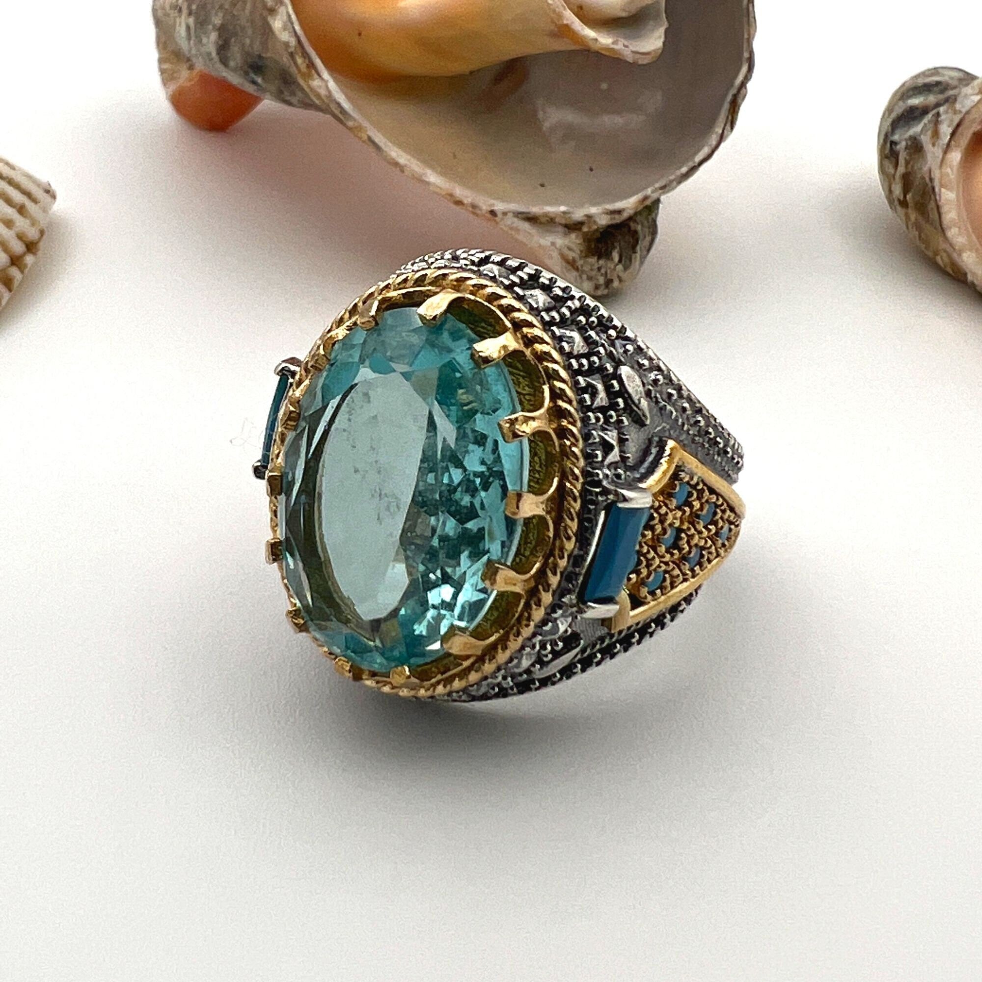 Men's Aquamarine Stone 925 Sterling Silver Ring