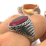 Turkish Handmade Men's Ruby Red Stone Ring - 925 Sterling Silver Statement Jewelry Gift