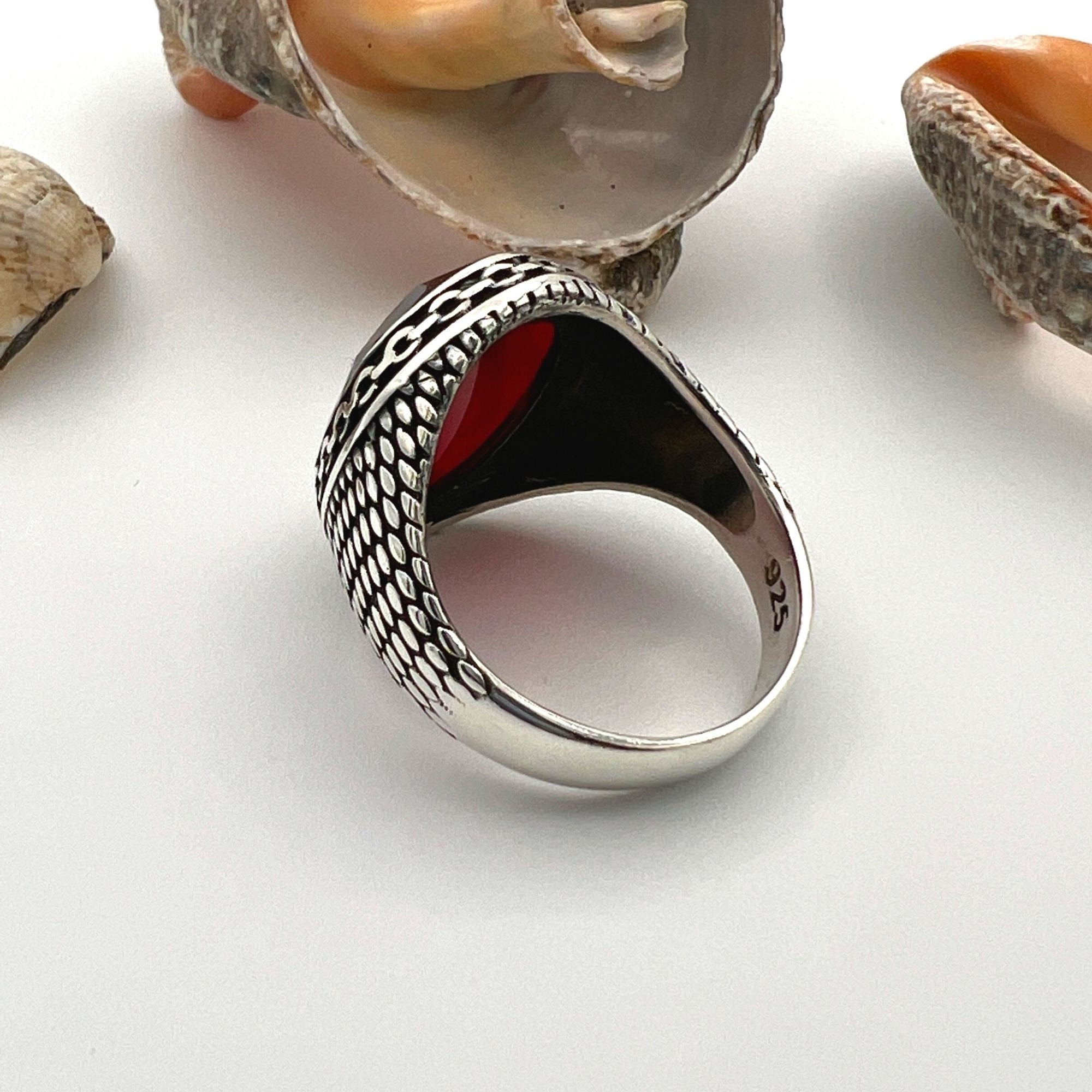 Turkish Handmade Men's Ruby Red Stone Ring - 925 Sterling Silver Statement Jewelry Gift
