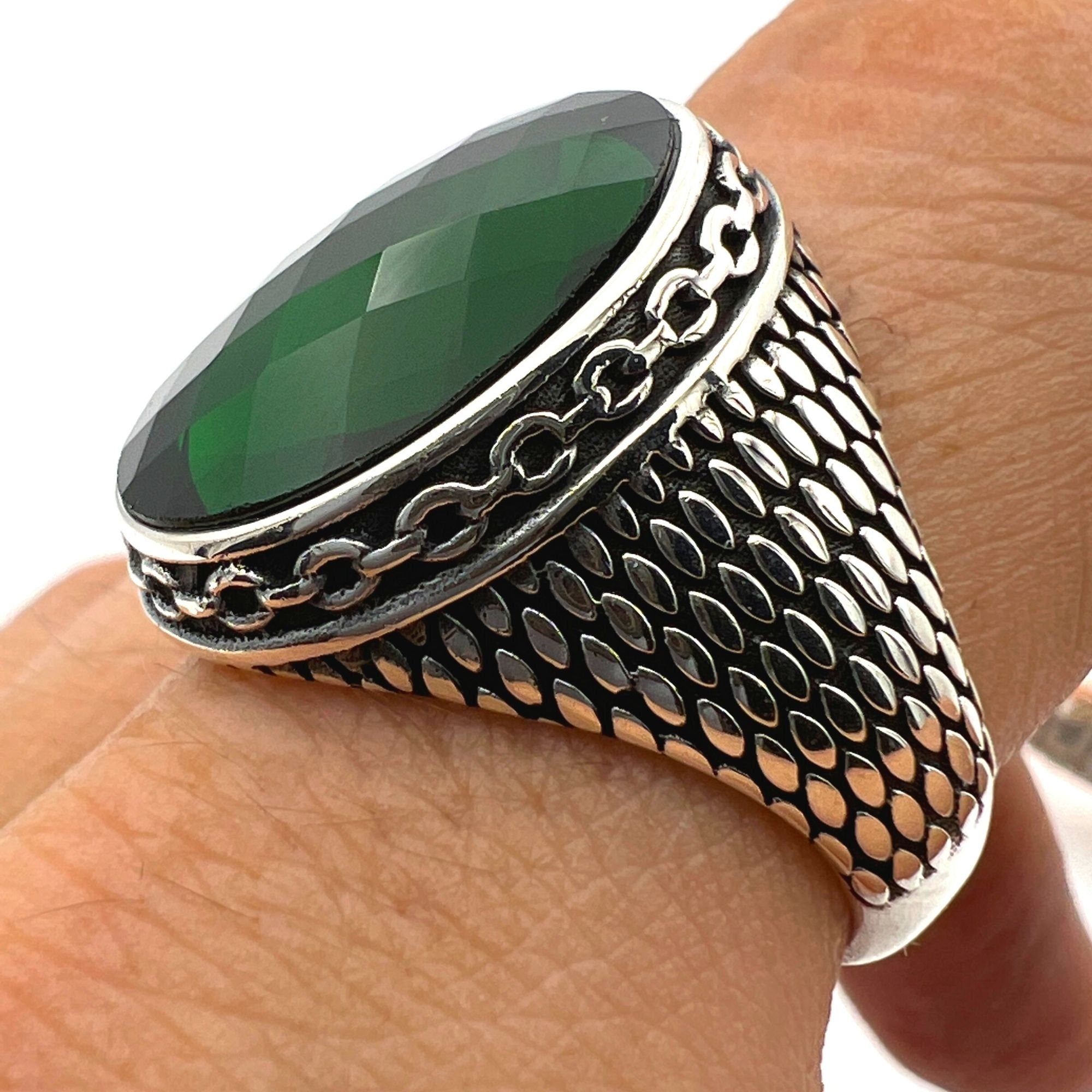 Men's Green Zircon Stone Silver Ring