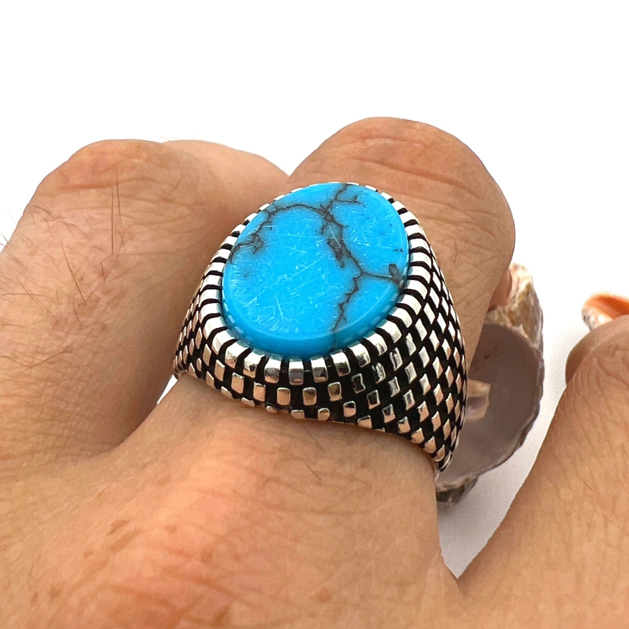 خاتم فضة استرلينية للرجال مصنوع يدويًا مع حجر الفيروز الطبيعي البيضاوي | هدية مجوهرات تركية فنية له