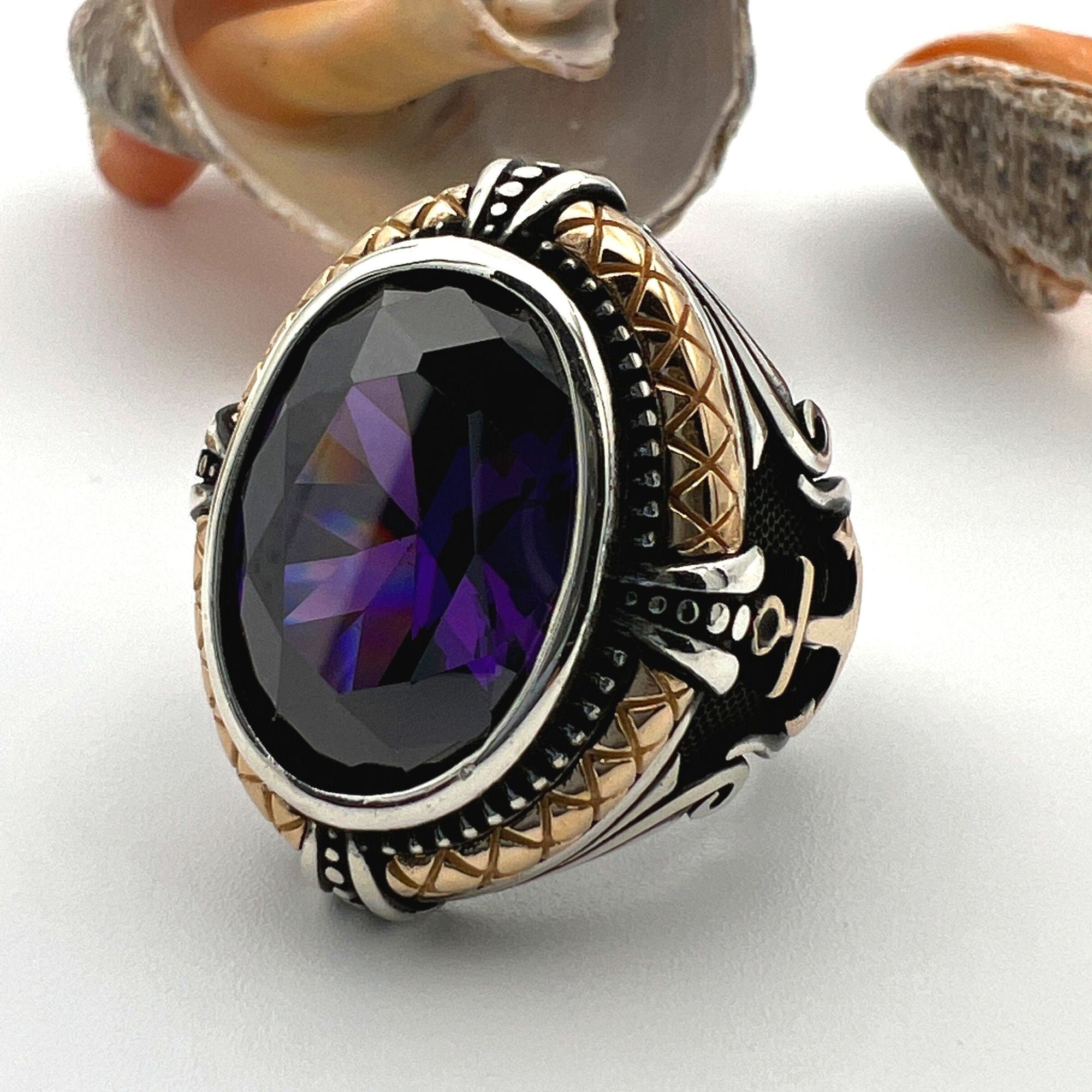 Amethyst Stone Men's Anchor Ring