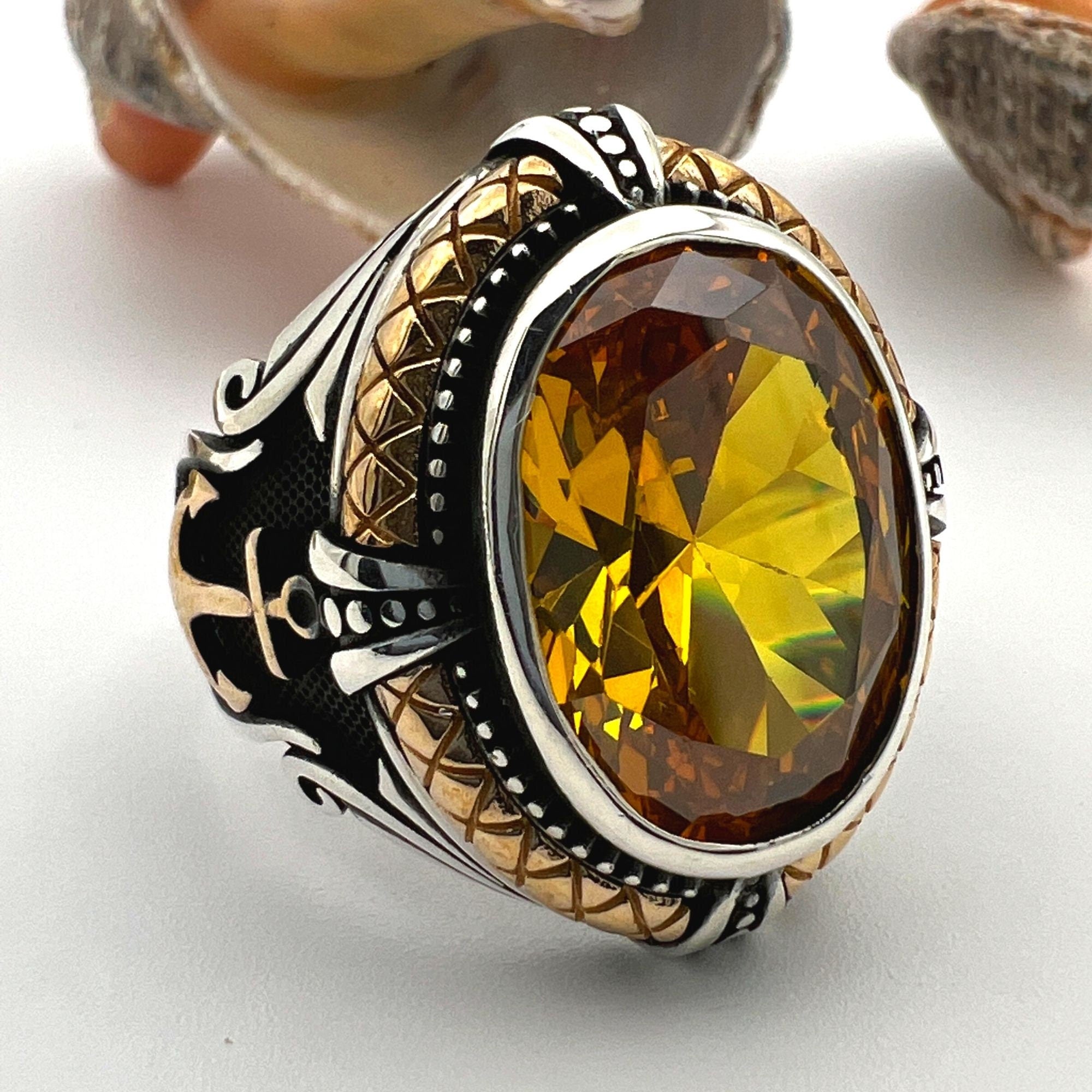 Men's Turkish Handmade 925 Sterling Silver Double Headed Eagle & Yellow Citrine Statement Ring