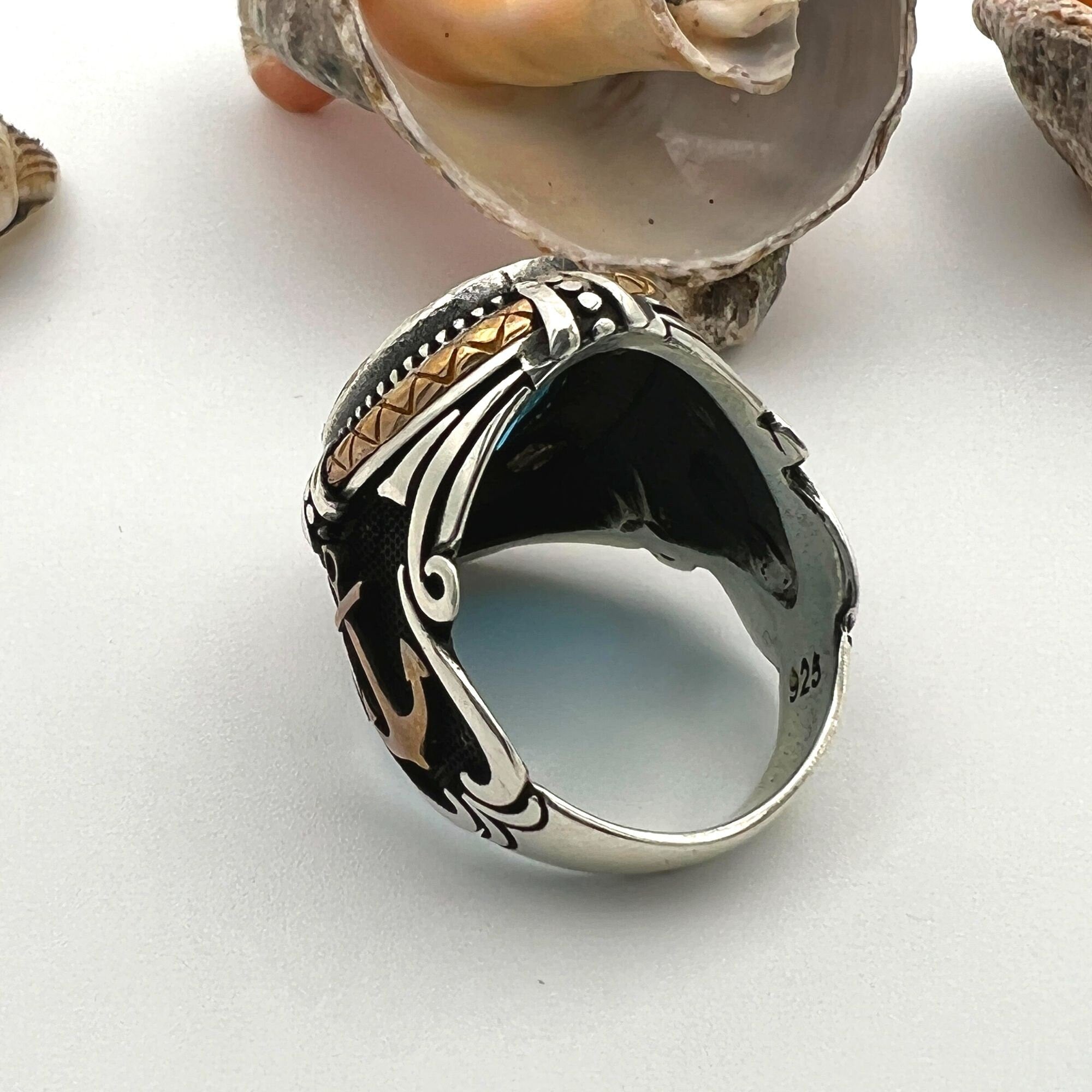 Men's Blue Aquamarine Stone Anchor Ring