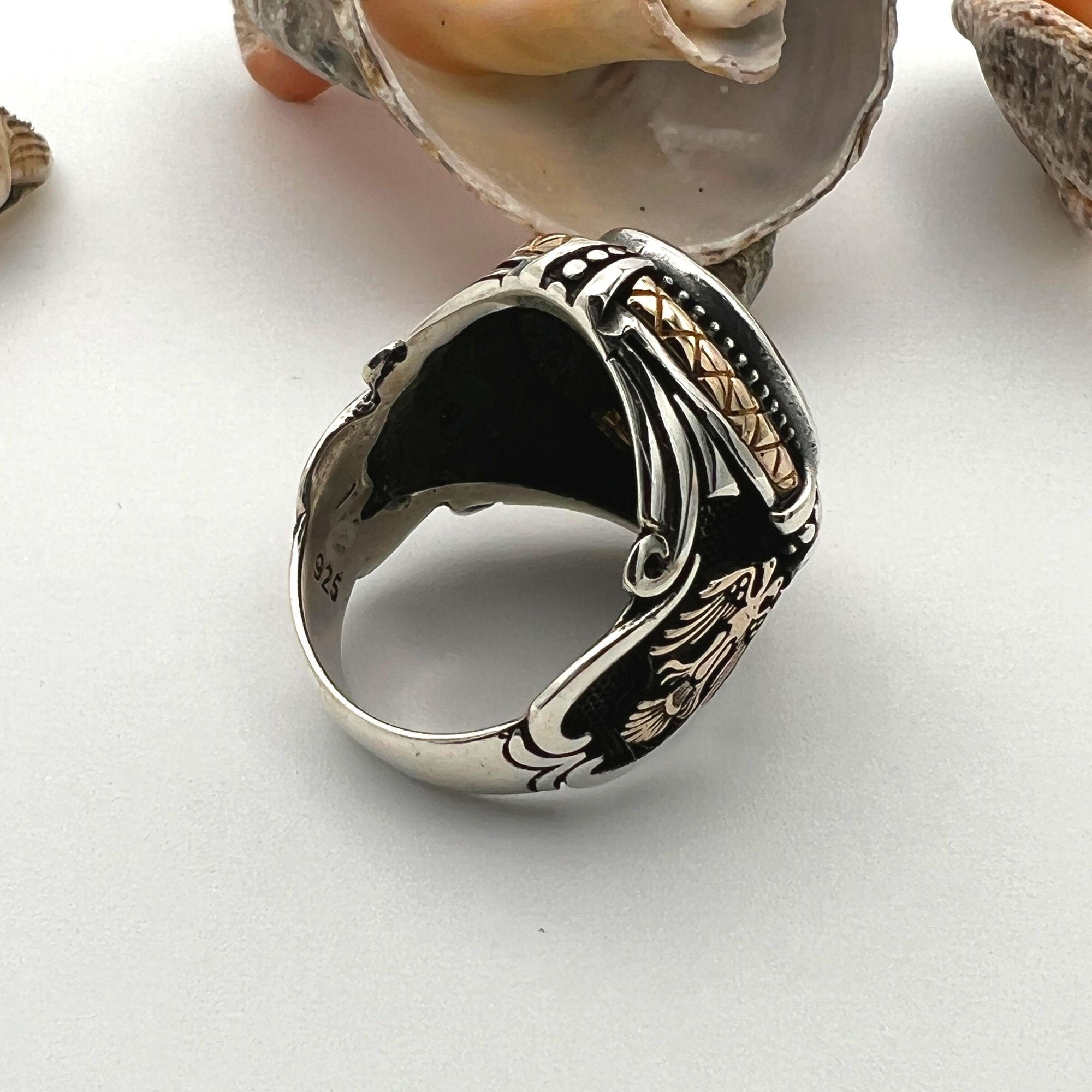 Black Onyx Stone Double Headed Eagle Silver Ring