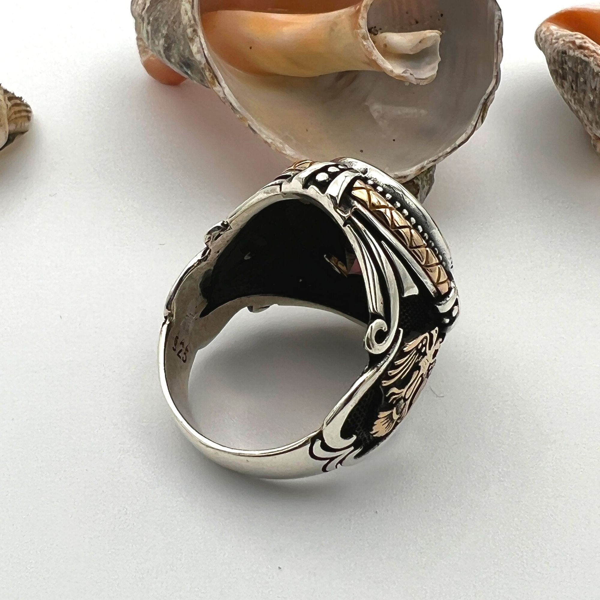 خاتم رجالي تركي مصنوع يدويًا من الفضة الإسترلينية 925 مع حجر الياقوت الأحمر ونسر برأسين بارز