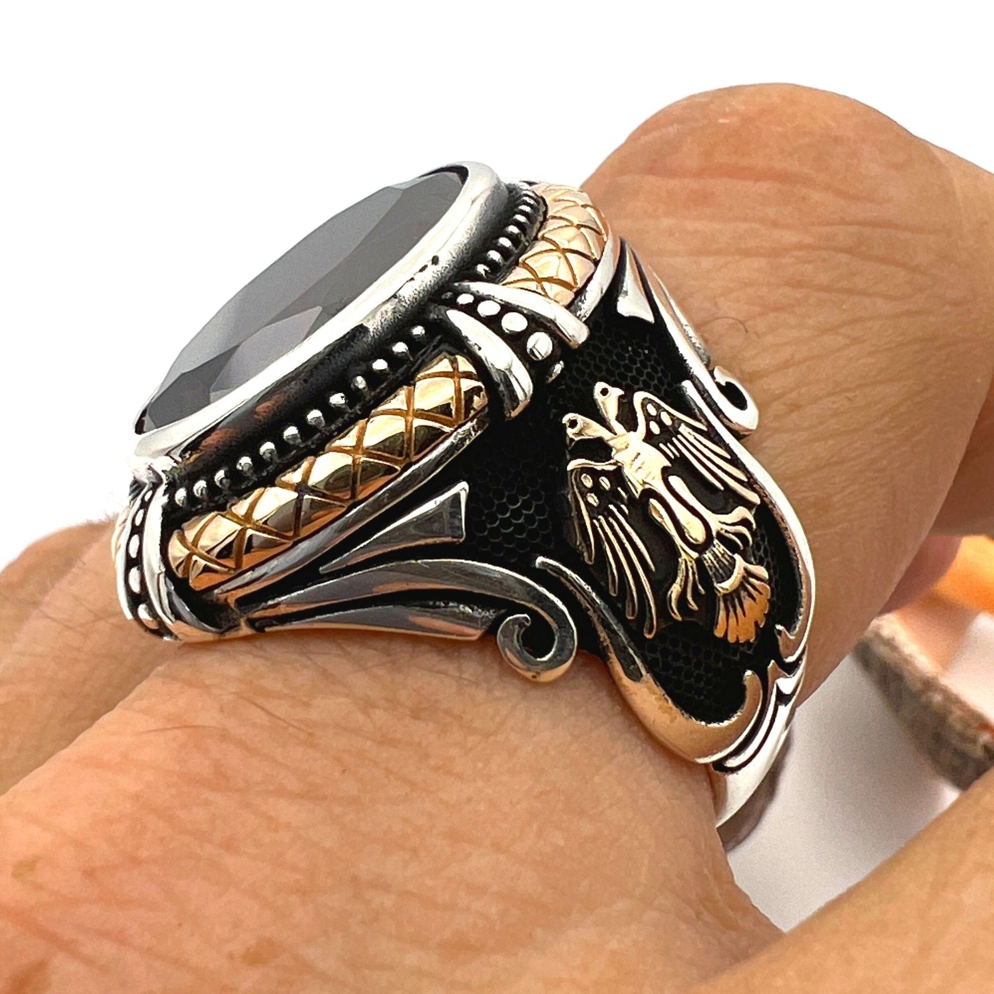 خاتم رجالي تركي مصنوع يدويًا من الفضة الإسترلينية 925 مع حجر الياقوت الأحمر ونسر برأسين بارز