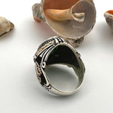 Green Emerald Stone Double Headed Eagle Silver Ring