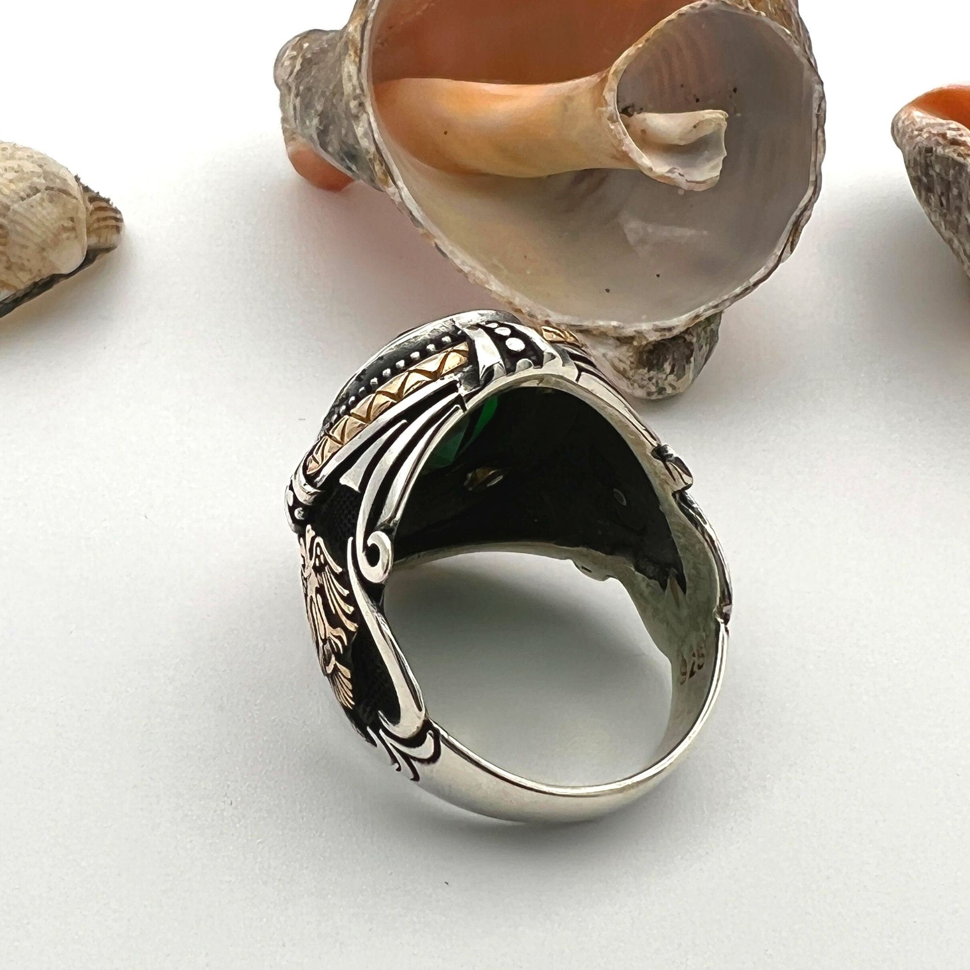 Green Emerald Stone Double Headed Eagle Silver Ring