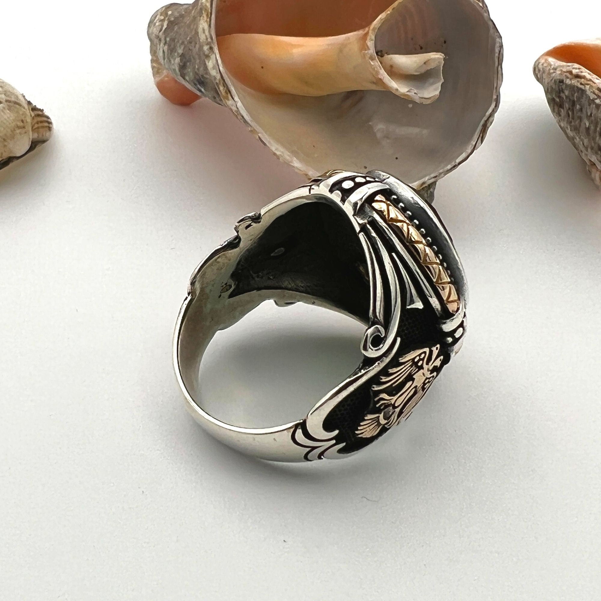 Green Emerald Stone Double Headed Eagle Silver Ring