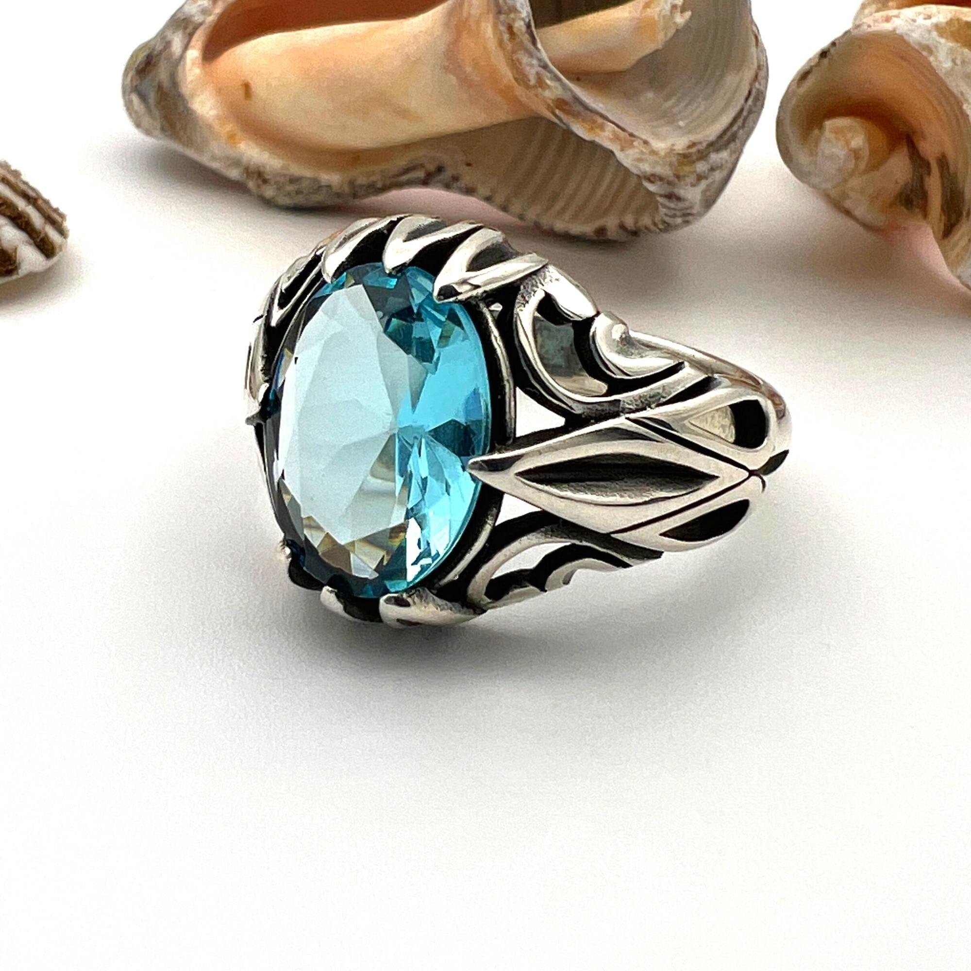 Men's Handmade Ottoman Aquamarine Blue 925 Sterling Silver Ring - Unique Statement Gift