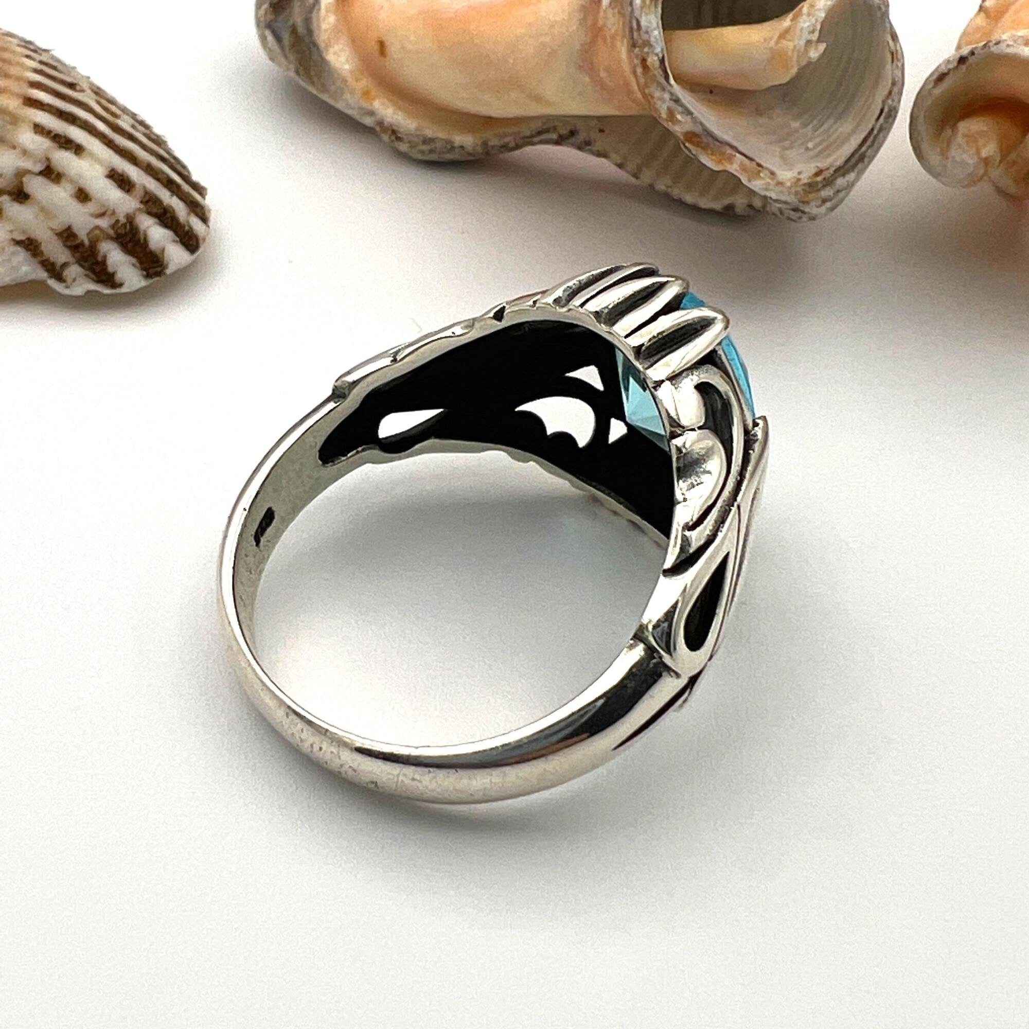 Men's Handmade Ottoman Aquamarine Blue 925 Sterling Silver Ring - Unique Statement Gift