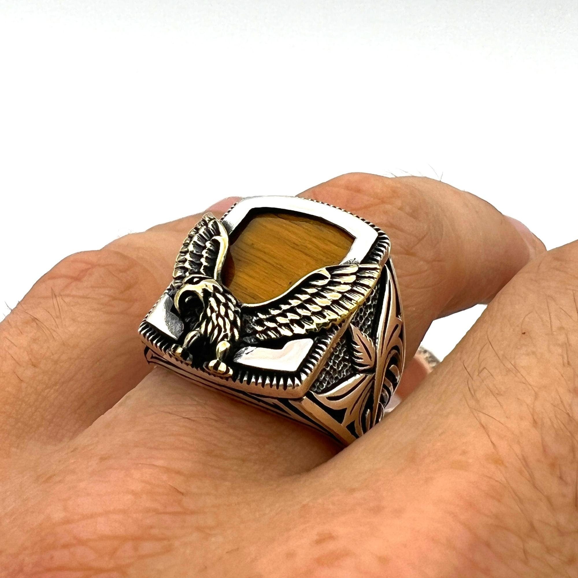Men's Handmade 925 Sterling Silver Tiger's Eye Eagle Ring | Authentic Turkish Craftsmanship