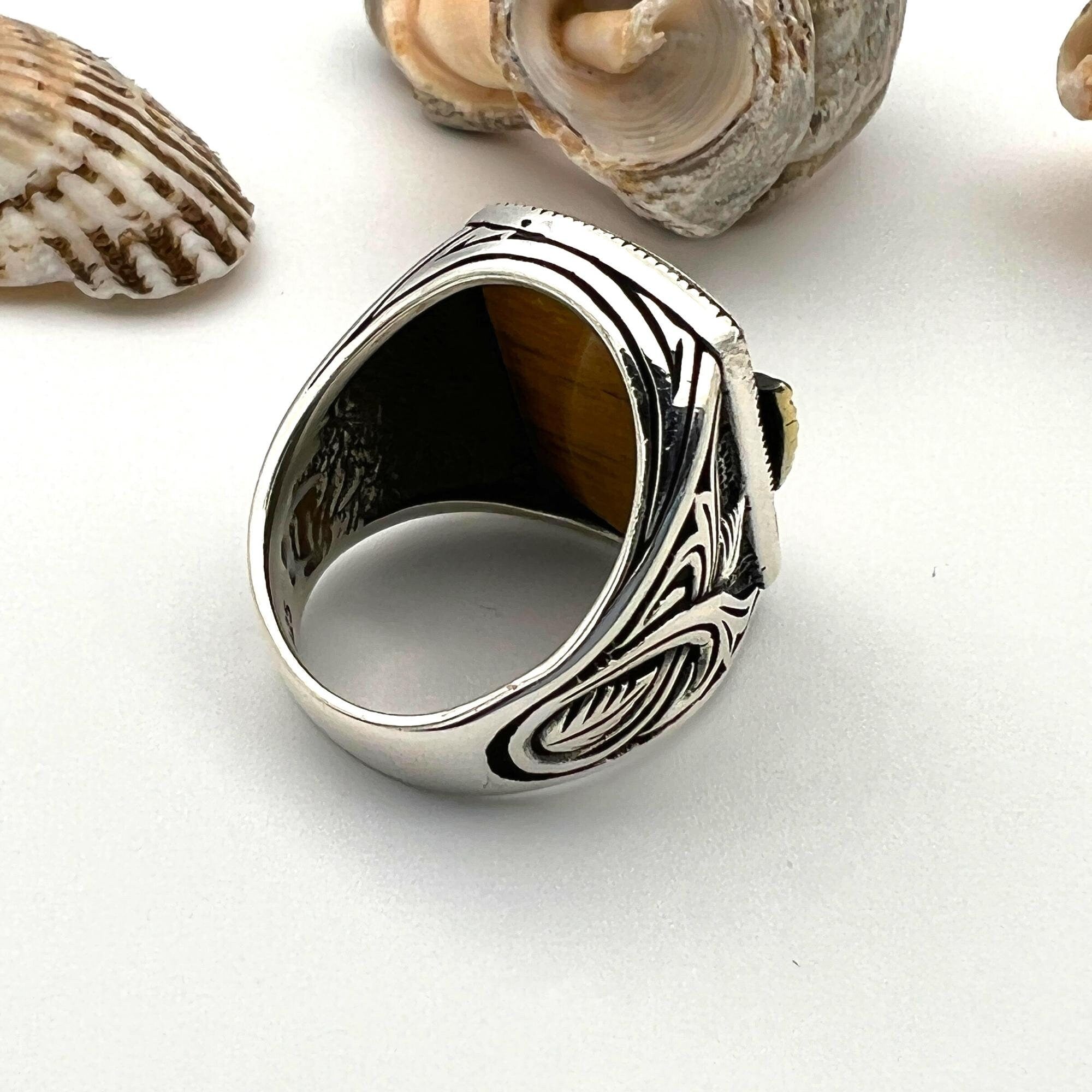 Men's Handmade 925 Sterling Silver Tiger's Eye Eagle Ring | Authentic Turkish Craftsmanship