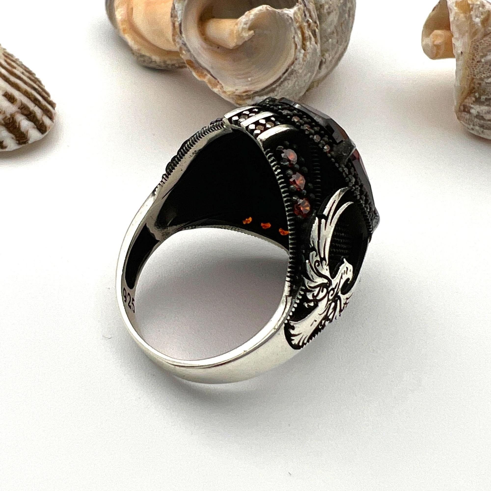 Men's Handmade Sterling Silver Ruby Eagle Ottoman Statement Ring