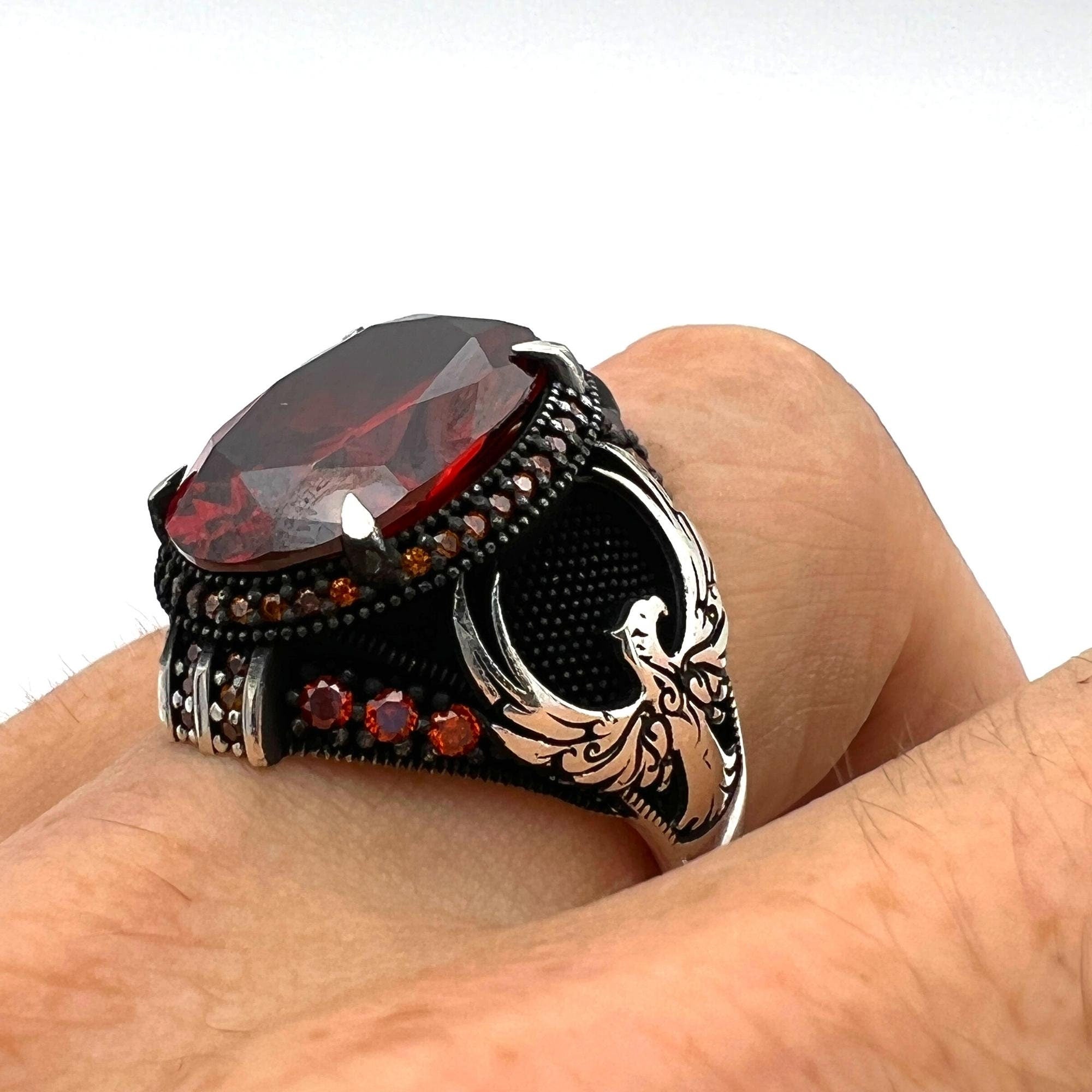 Men's Handmade Sterling Silver Ruby Eagle Ottoman Statement Ring