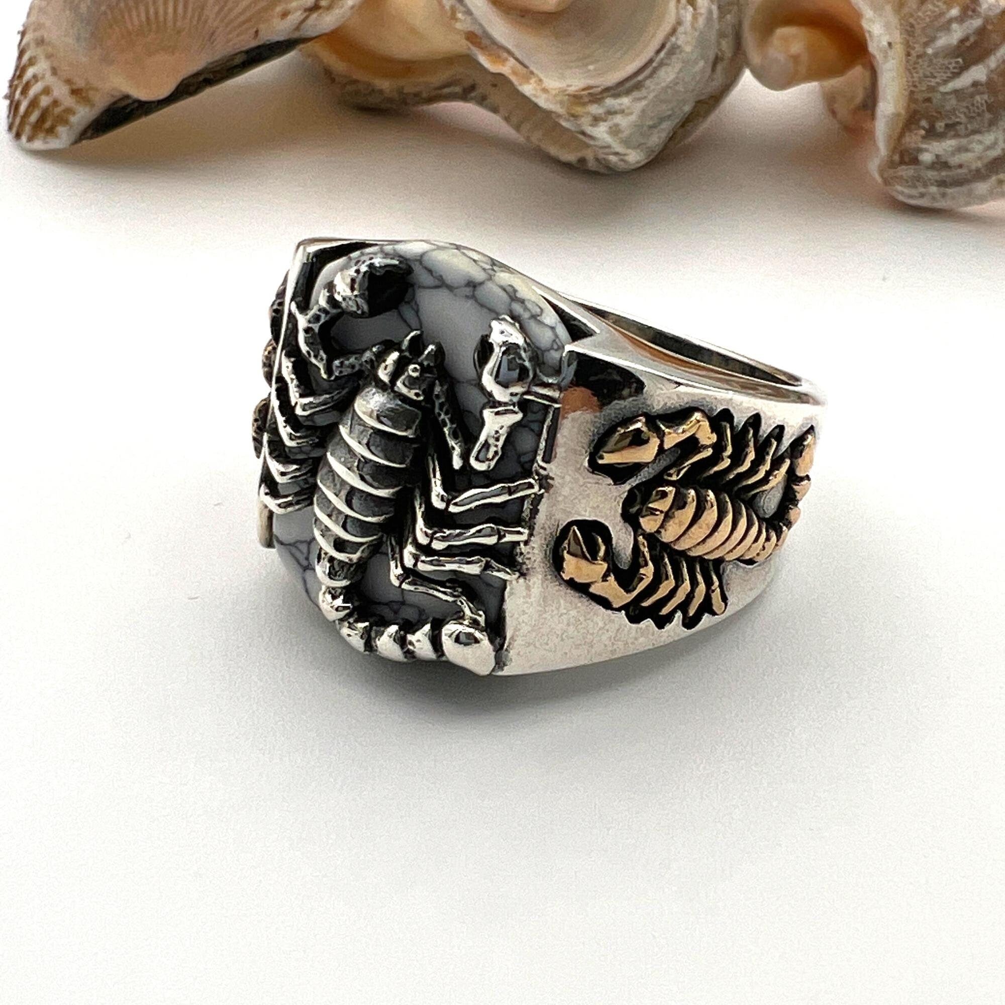 خاتم رجالي تركي يدوي من الفضة الإسترلينية 925 على طراز العثماني بشكل عقرب مع حجر الفيروز