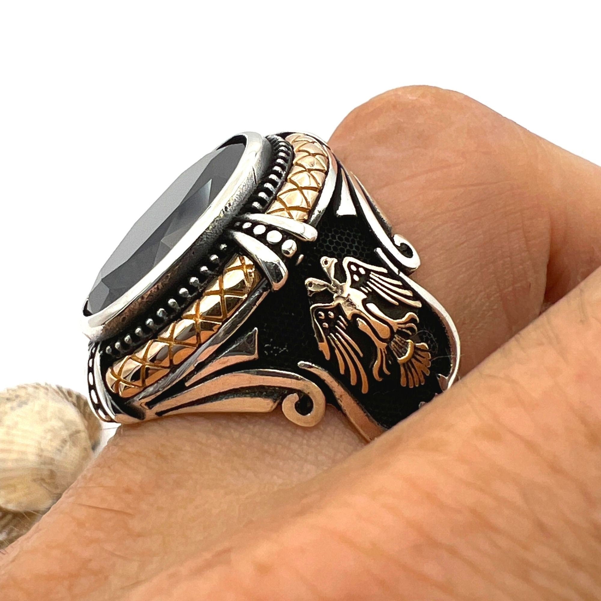 Black Onyx Stone Double Headed Eagle Men's Silver Ring