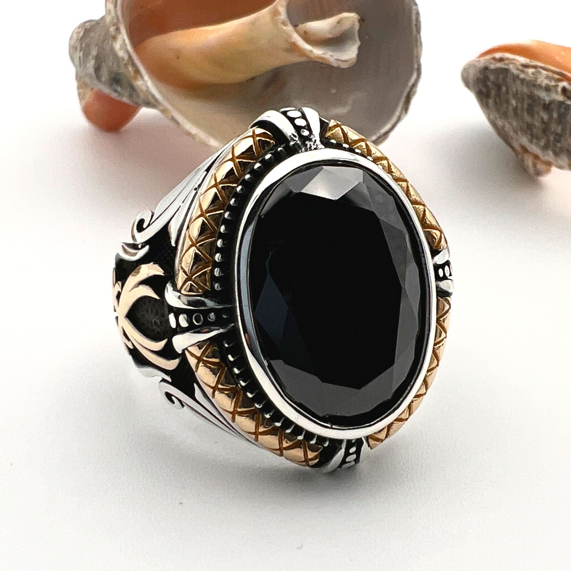 Handcrafted Men's Onyx 925 Sterling Silver Ring - Ottoman Style Turkish Jewelry