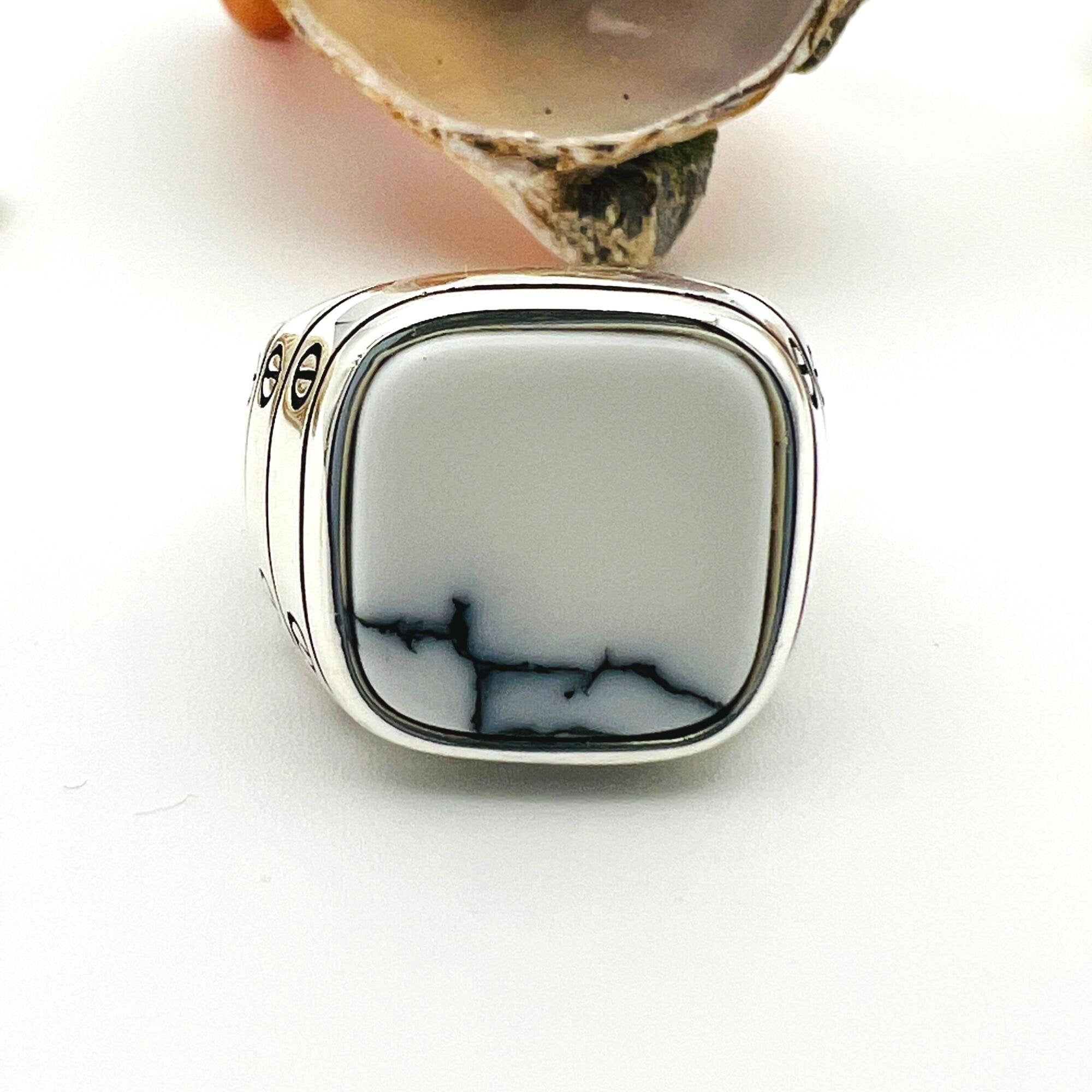 Men's White Turquoise Gemstone Silver Ring