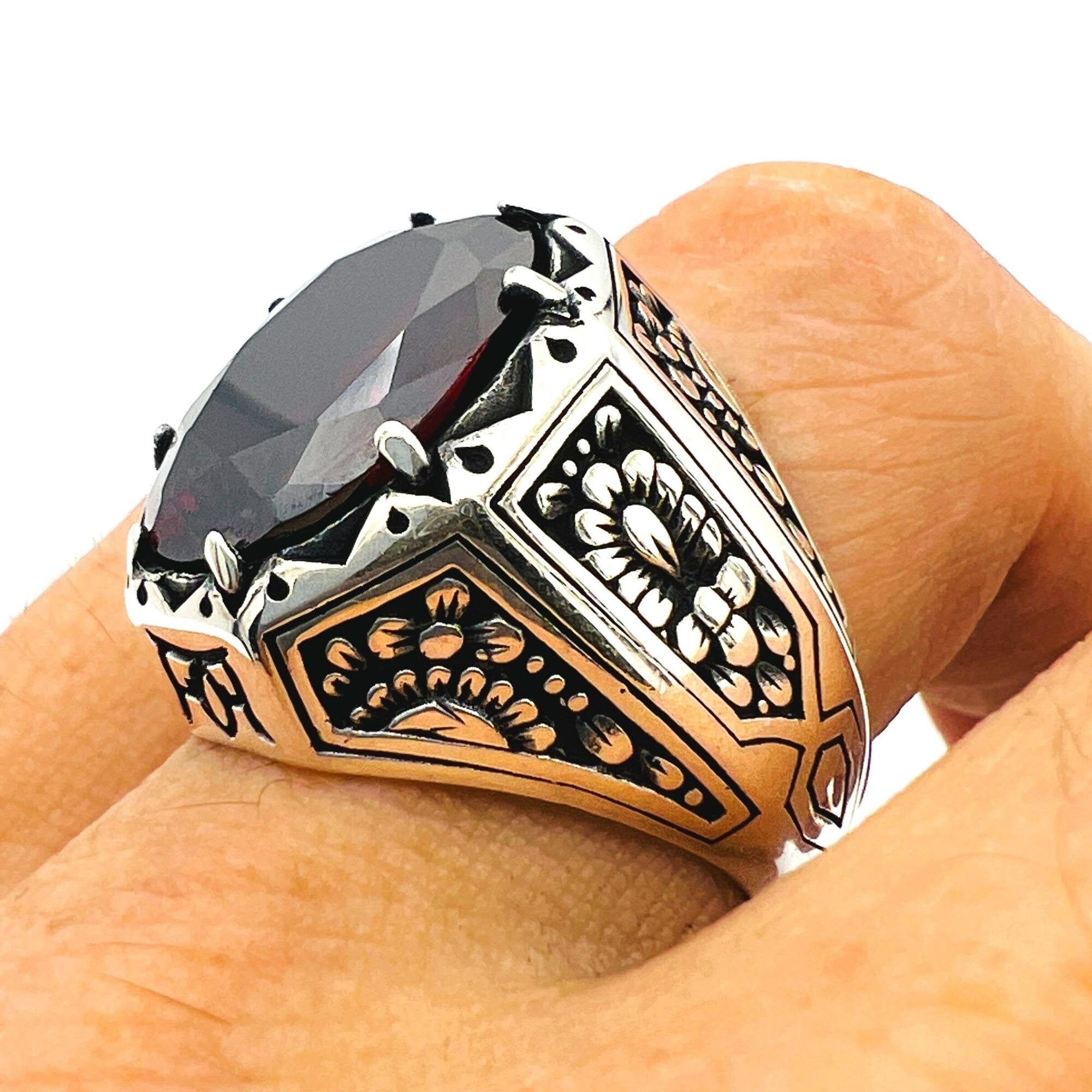 Men's Handmade Turkish 925 Sterling Silver Red Ruby Ring