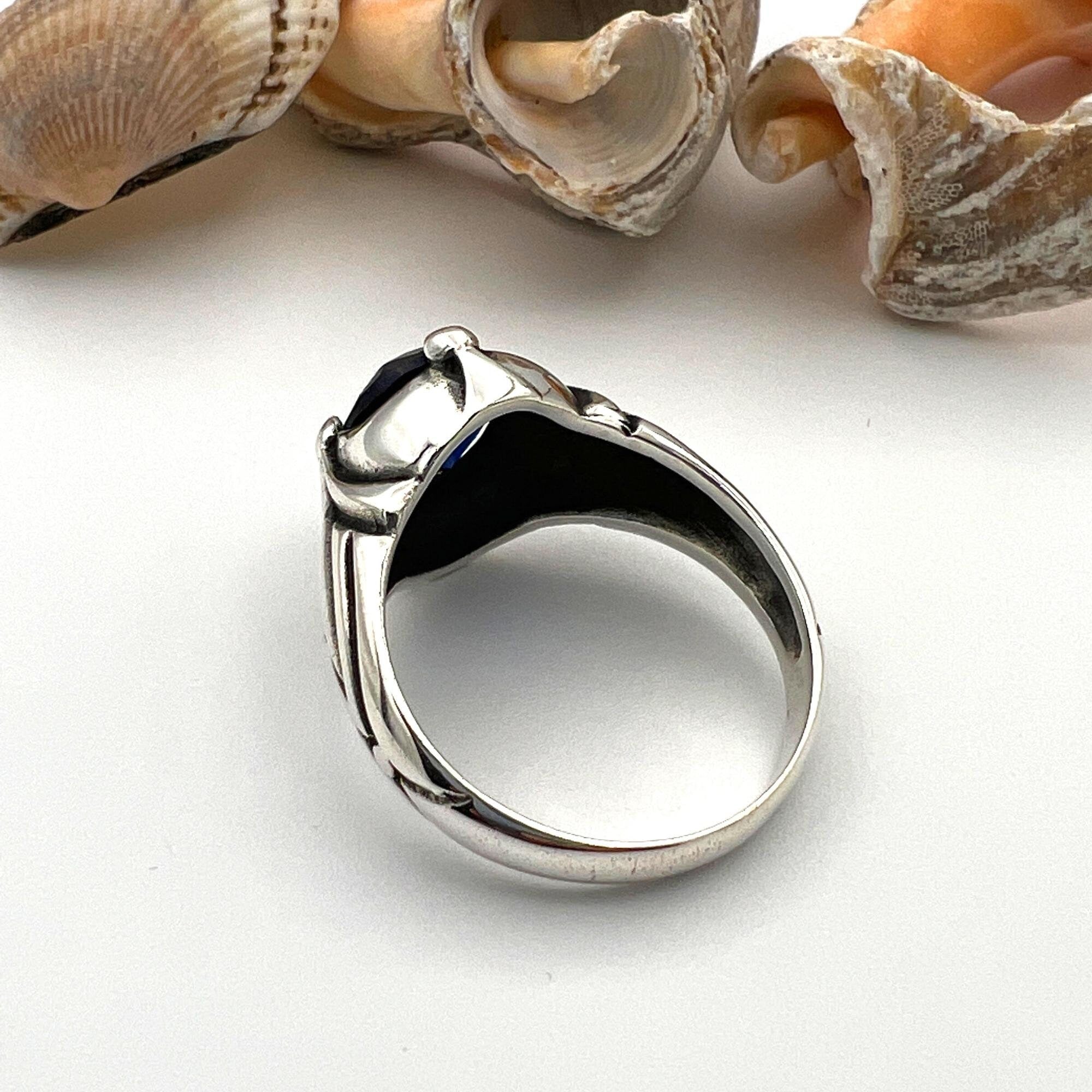 Turkish Handmade 925 Sterling Silver Men's Sapphire Stone Ottoman Ring