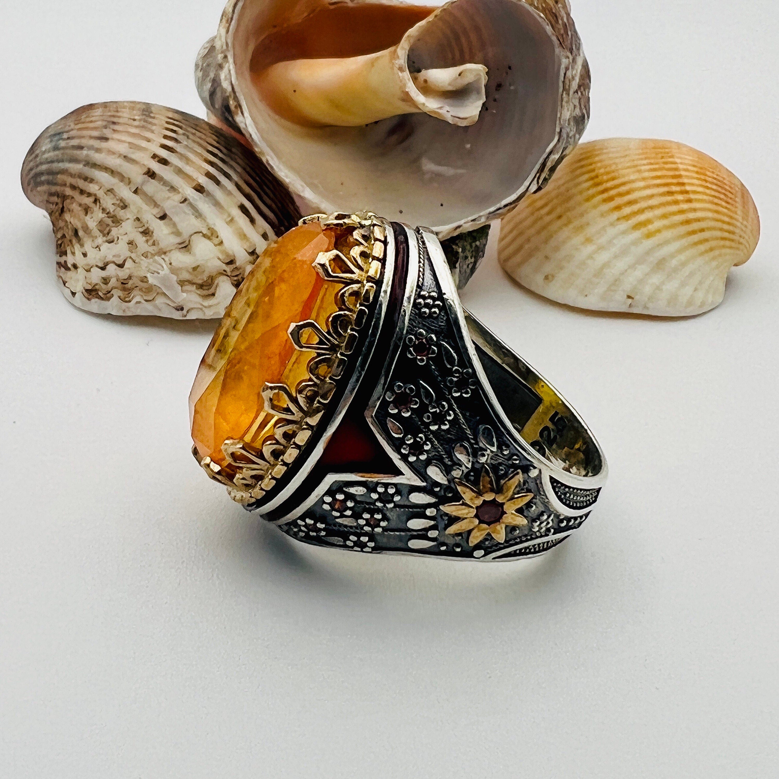 خاتم رجالي تركي مصنوع يدويًا من الفضة الإسترلينية - حجر تورمالين برتقالي زاهي على الطراز العثماني