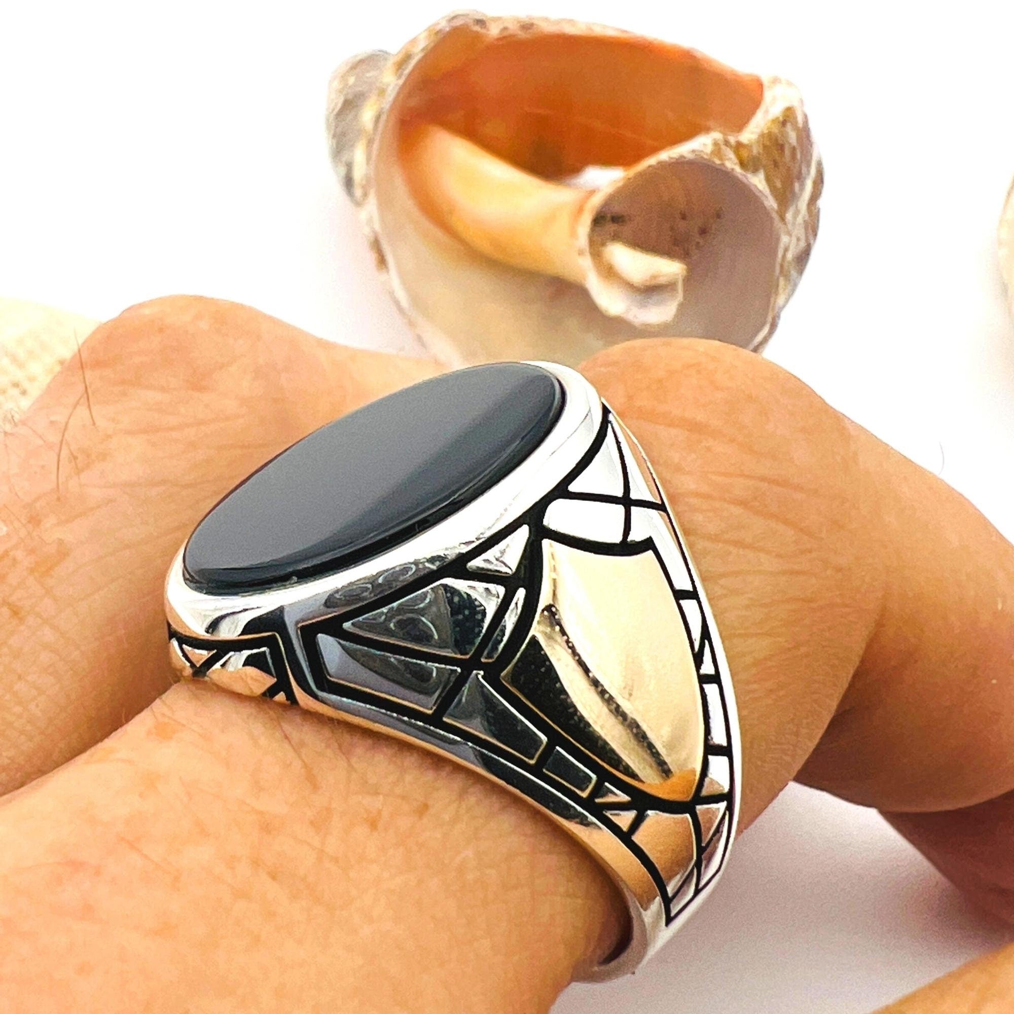 Handmade 925 Sterling Silver Men's Ottoman Black Onyx Ring - Authentic Turkish Craftsmanship