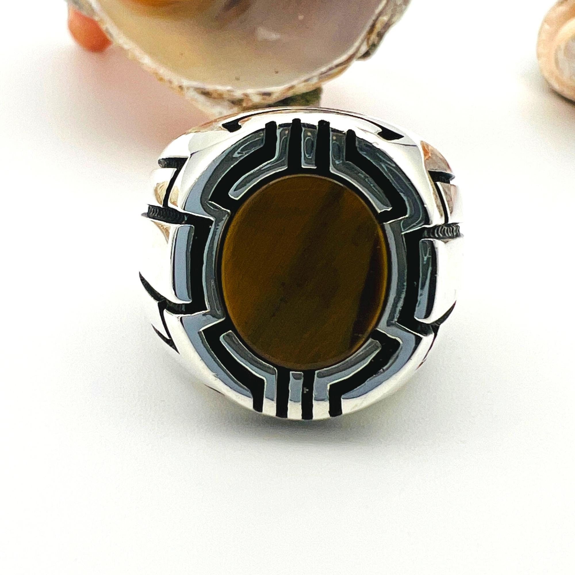 Men's Genuine Tiger's Eye Oval Ring - 925 Sterling Silver, Handmade Turkish Craftsmanship
