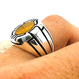 Men's Genuine Tiger's Eye Oval Ring - 925 Sterling Silver, Handmade Turkish Craftsmanship