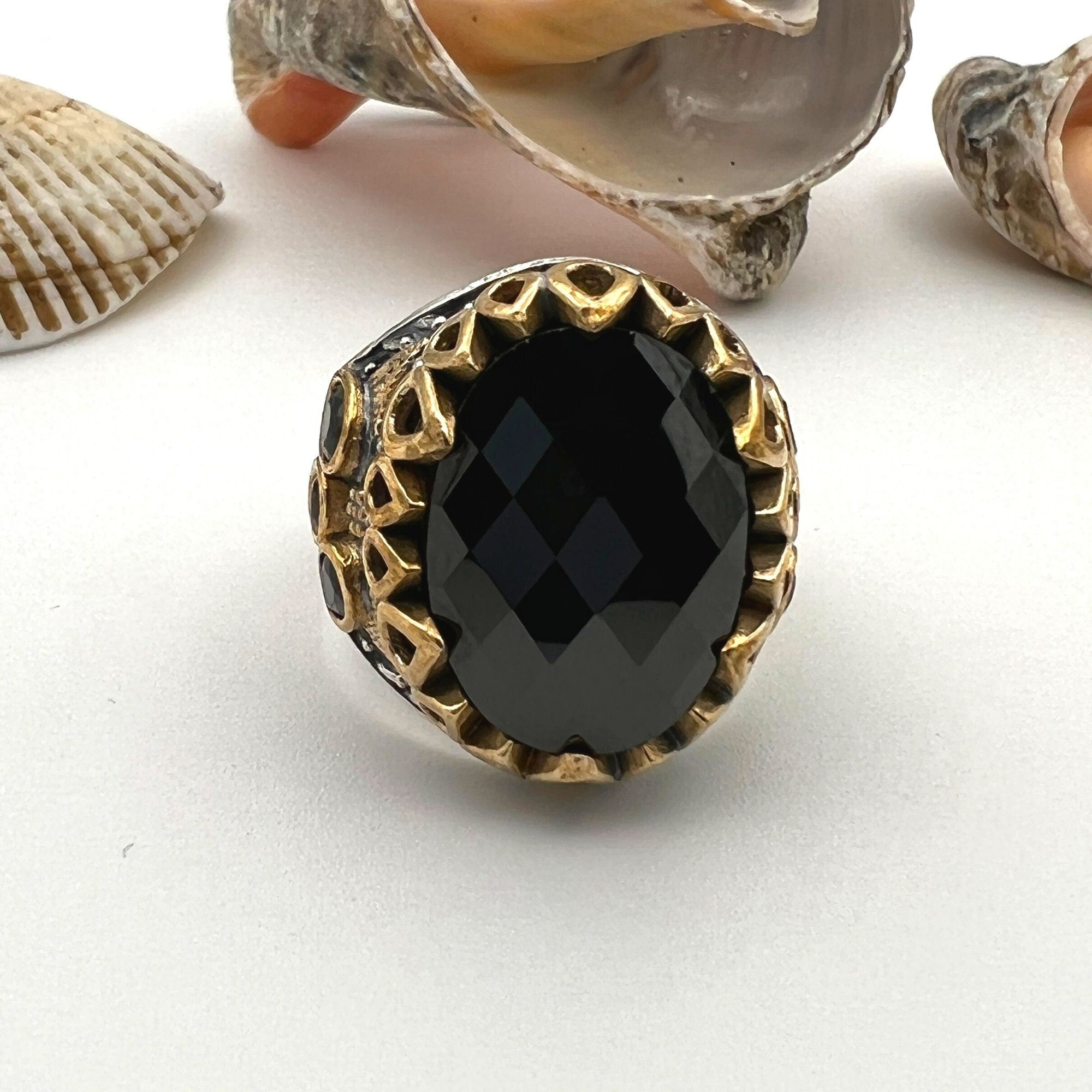 Men's Black Onyx Oval Stone Silver Ring
