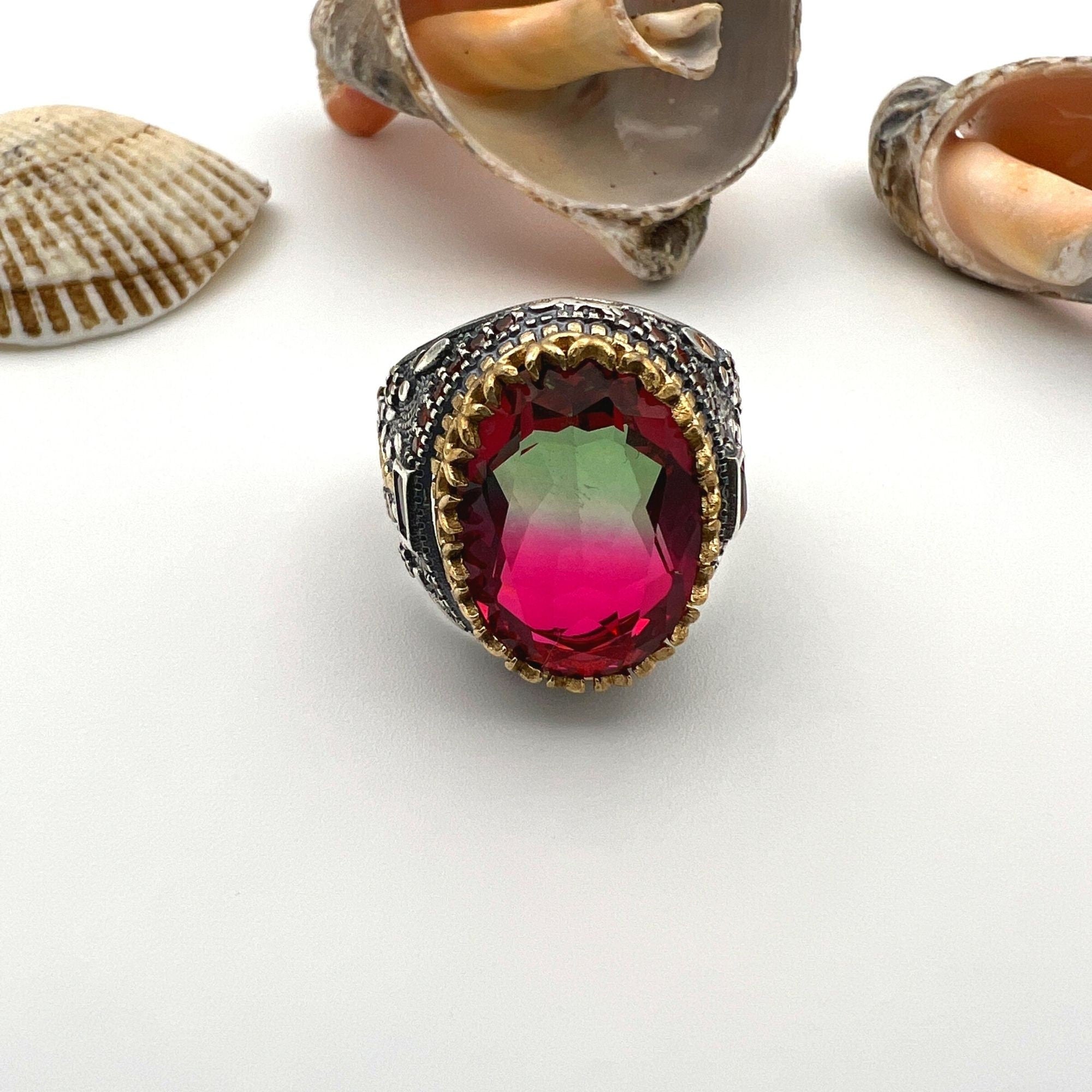 خاتم فضة بحجر التورمالين للرجال