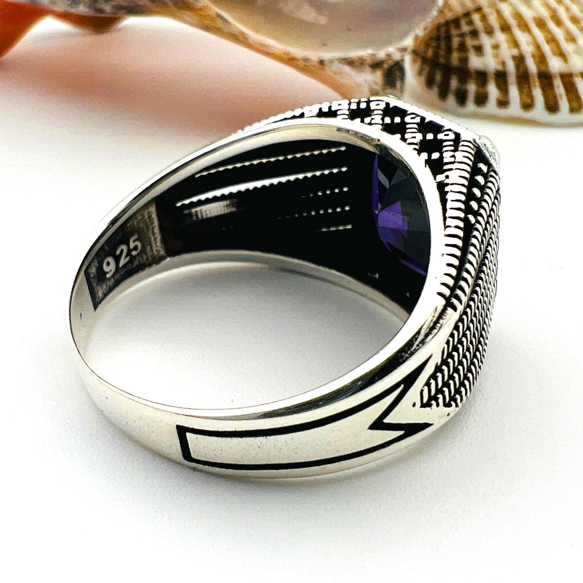 خاتم مربع من الفضة الإسترلينية والجمشت للرجال مصنوع يدويًا - مجوهرات حرفي تركي