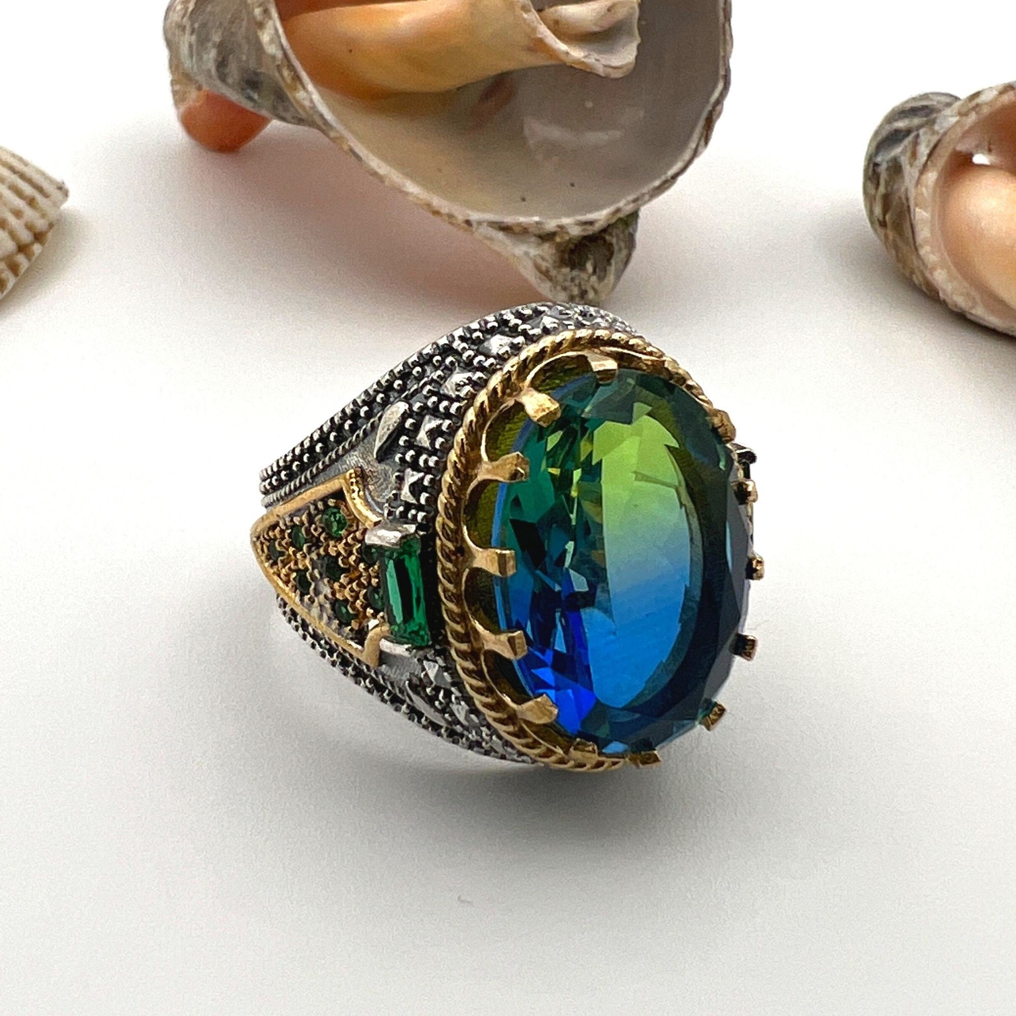 Men's Green-Blue Stone Silver Ring