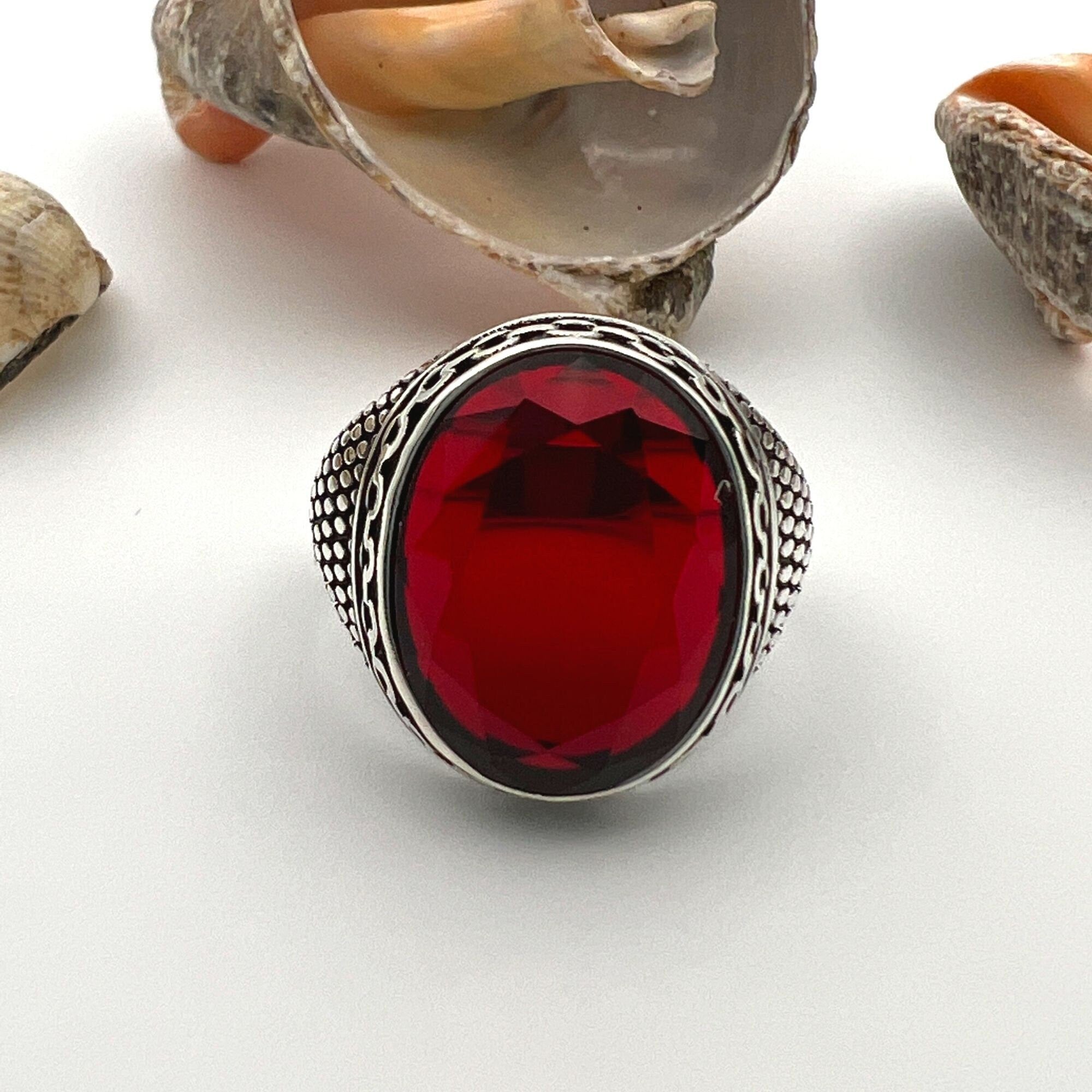 Turkish Handmade Men's Ruby Red Stone Ring - 925 Sterling Silver Statement Jewelry Gift