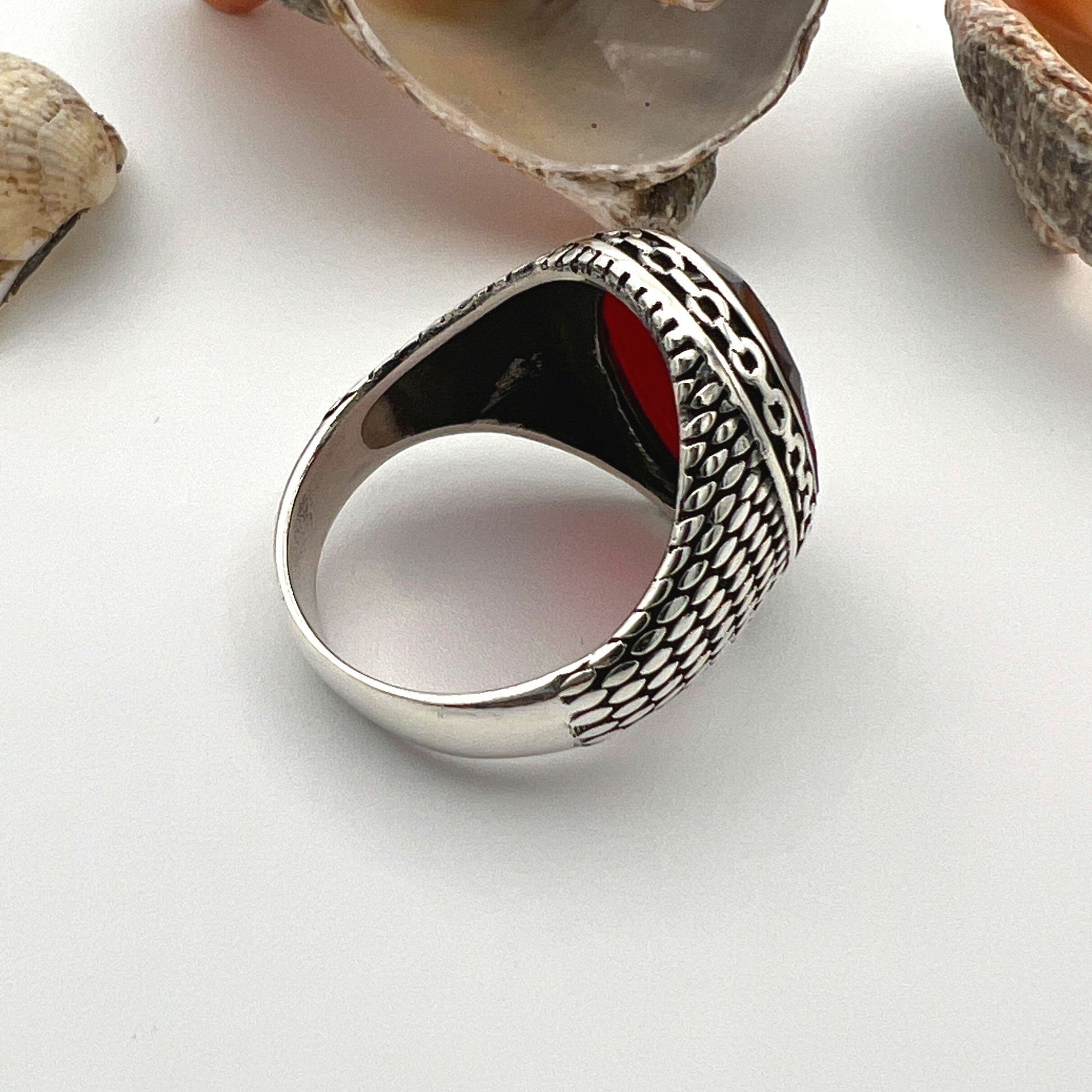 Turkish Handmade Men's Ruby Red Stone Ring - 925 Sterling Silver Statement Jewelry Gift