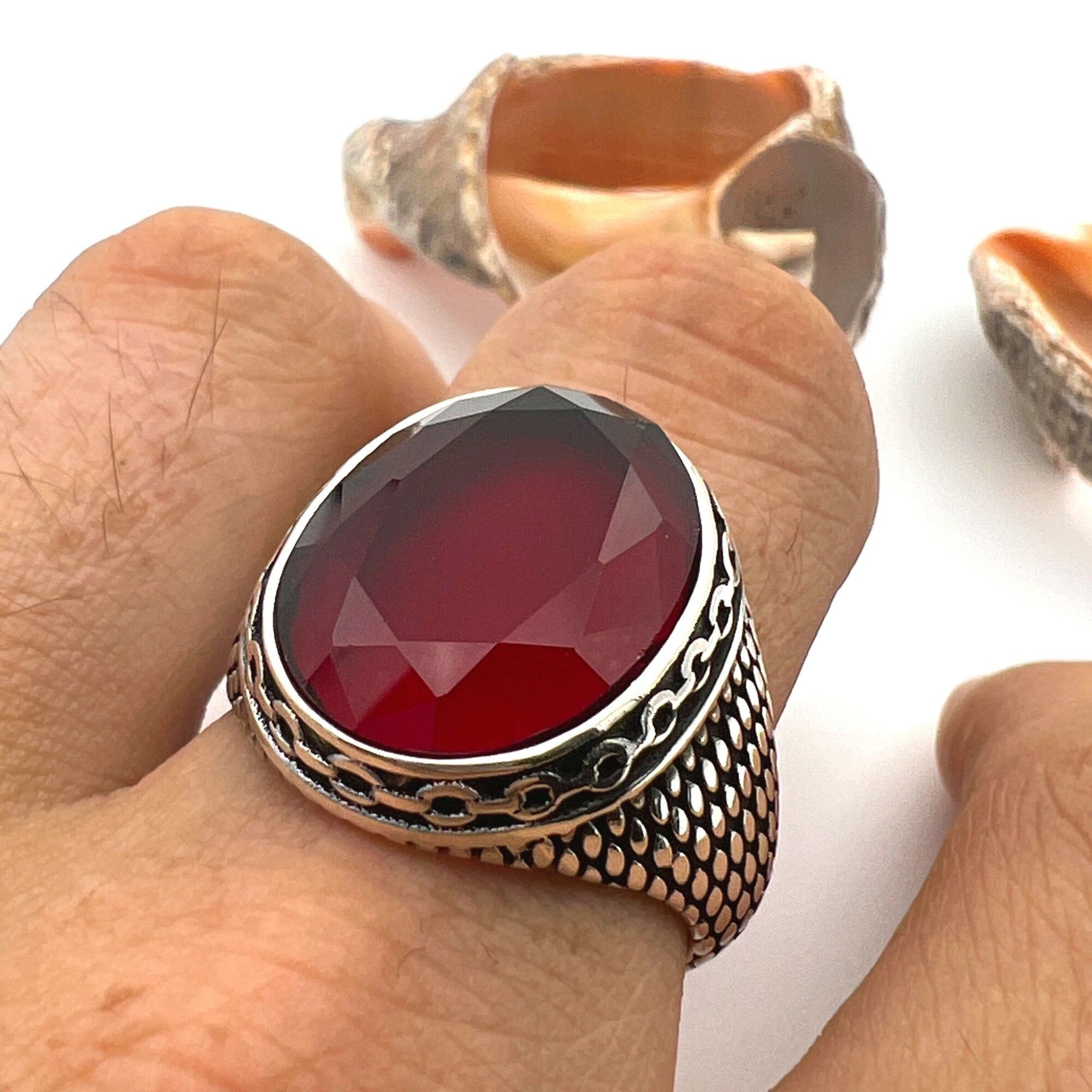 Turkish Handmade Men's Ruby Red Stone Ring - 925 Sterling Silver Statement Jewelry Gift