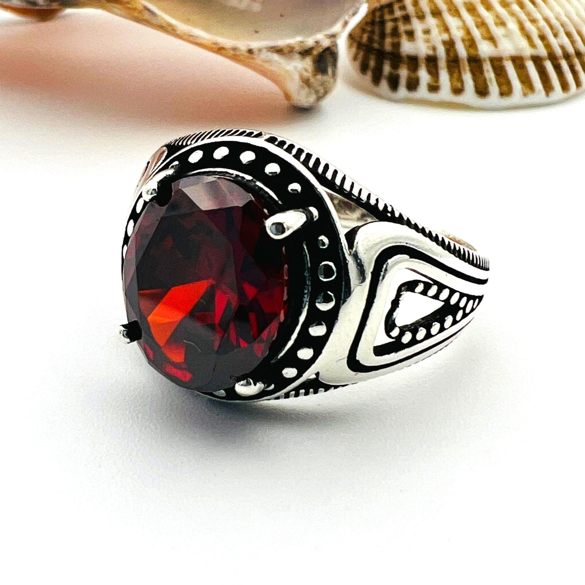 Handcrafted Ottoman Style Men's 925 Sterling Silver Ruby Ring