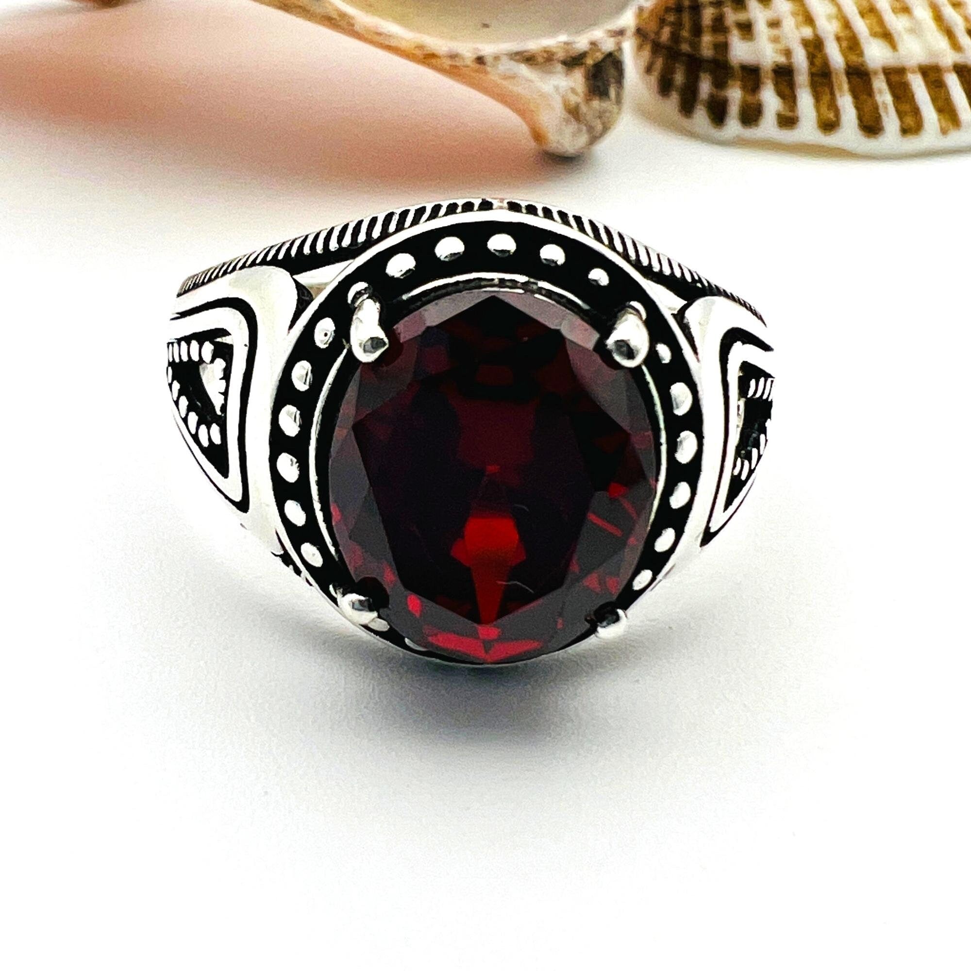 Handcrafted Ottoman Style Men's 925 Sterling Silver Ruby Ring