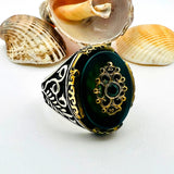 Men's Green Agate Stone Silver Ring