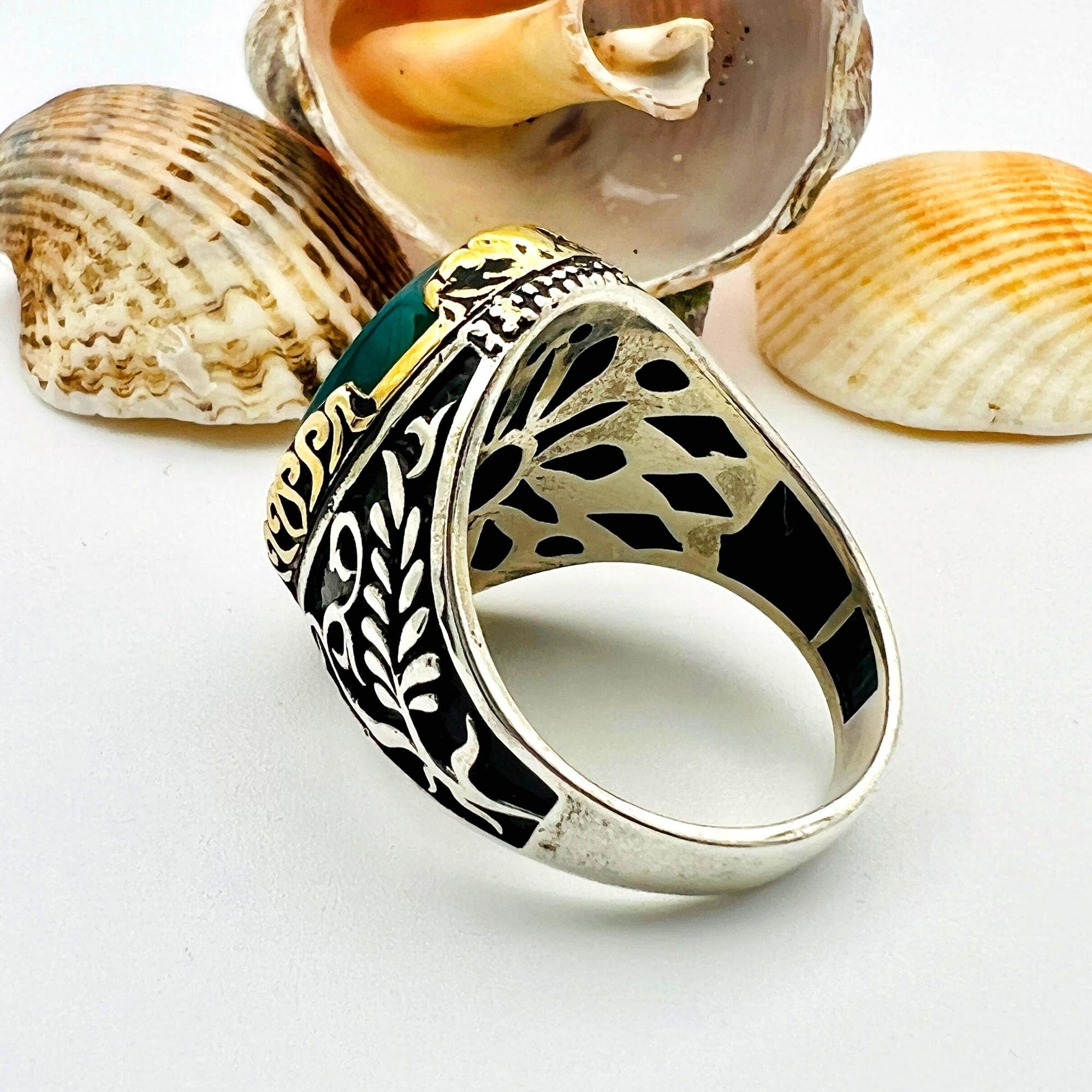 Men's Green Agate Stone Silver Ring