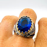 Bague ovale en argent sterling avec saphir bleu faite à la main style ottoman - Cadeau design royal turc pour hommes