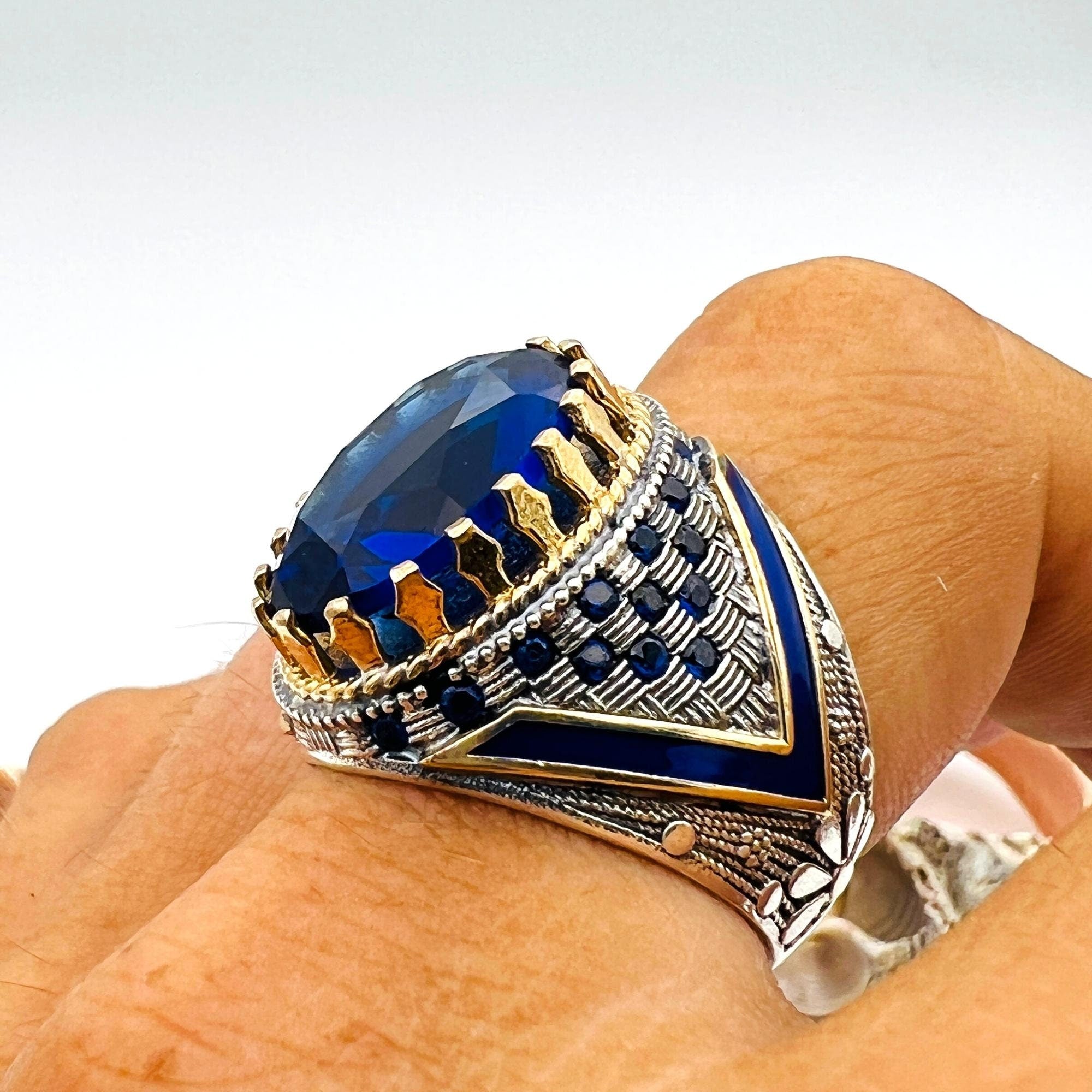 Bague ovale en argent sterling avec saphir bleu faite à la main style ottoman - Cadeau design royal turc pour hommes