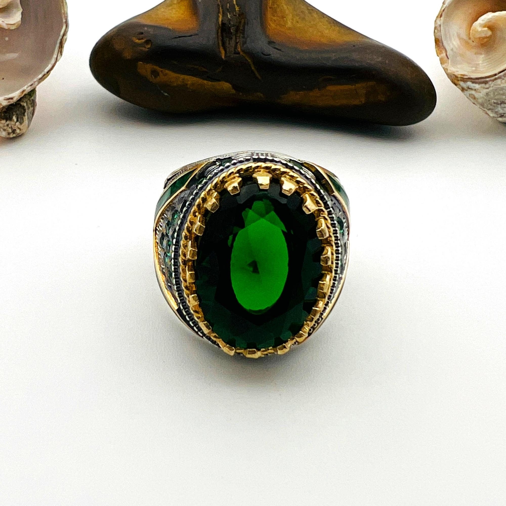 Men's Green Emerald Oval Stone Silver Ring
