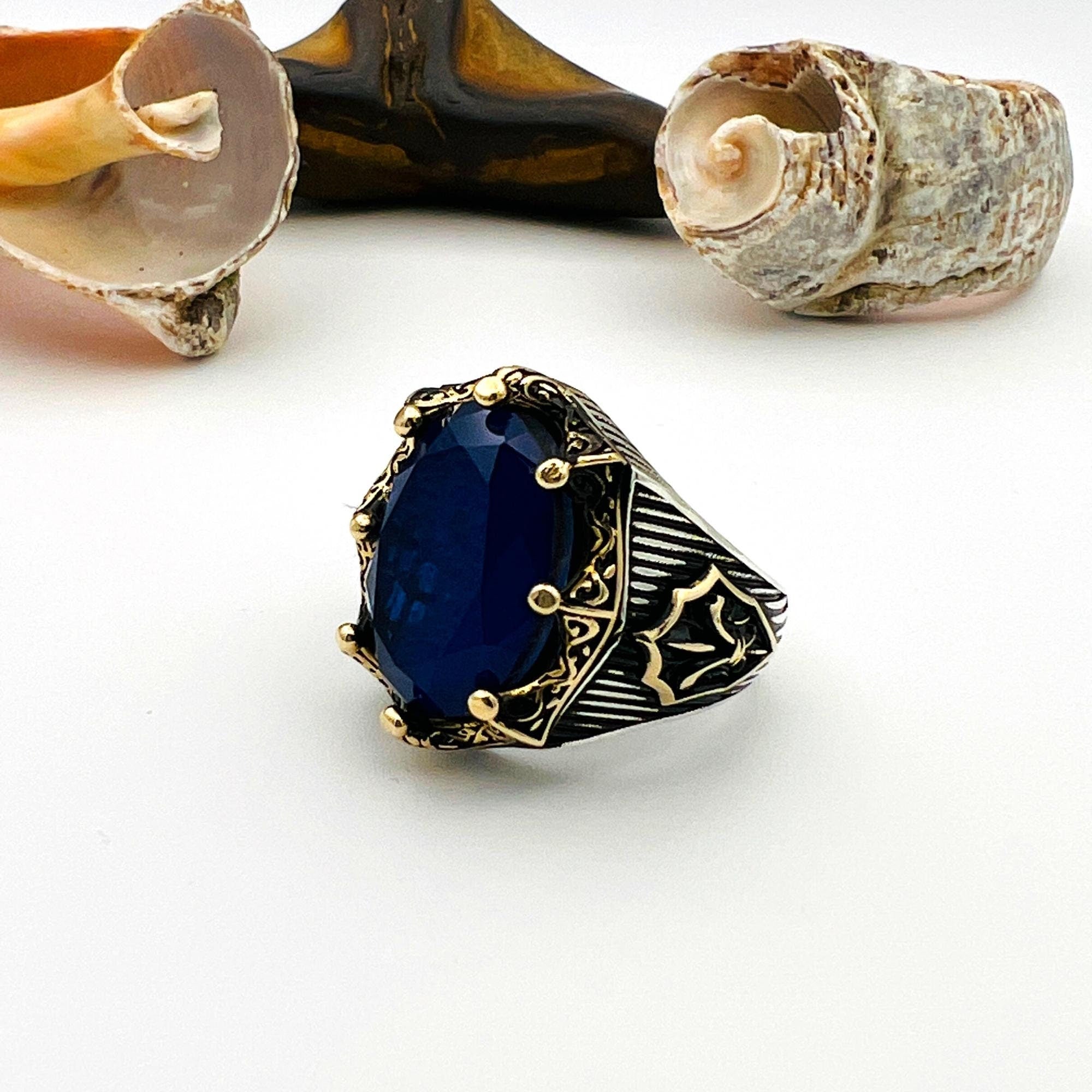 خاتم رجالي بحجر تورمالين أزرق بيضاوي