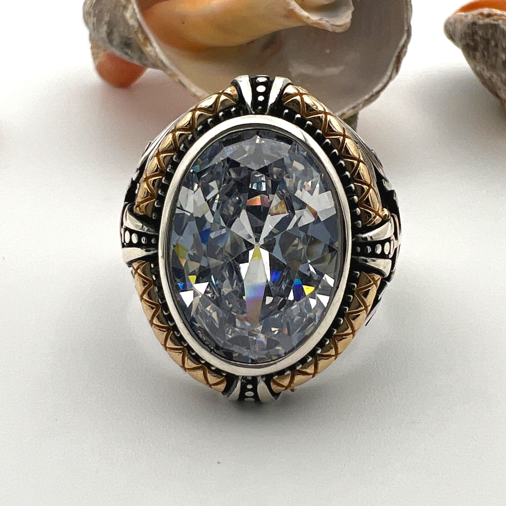 Bague Ancre en Pierre de Zircon Blanc Fait Main pour Homme