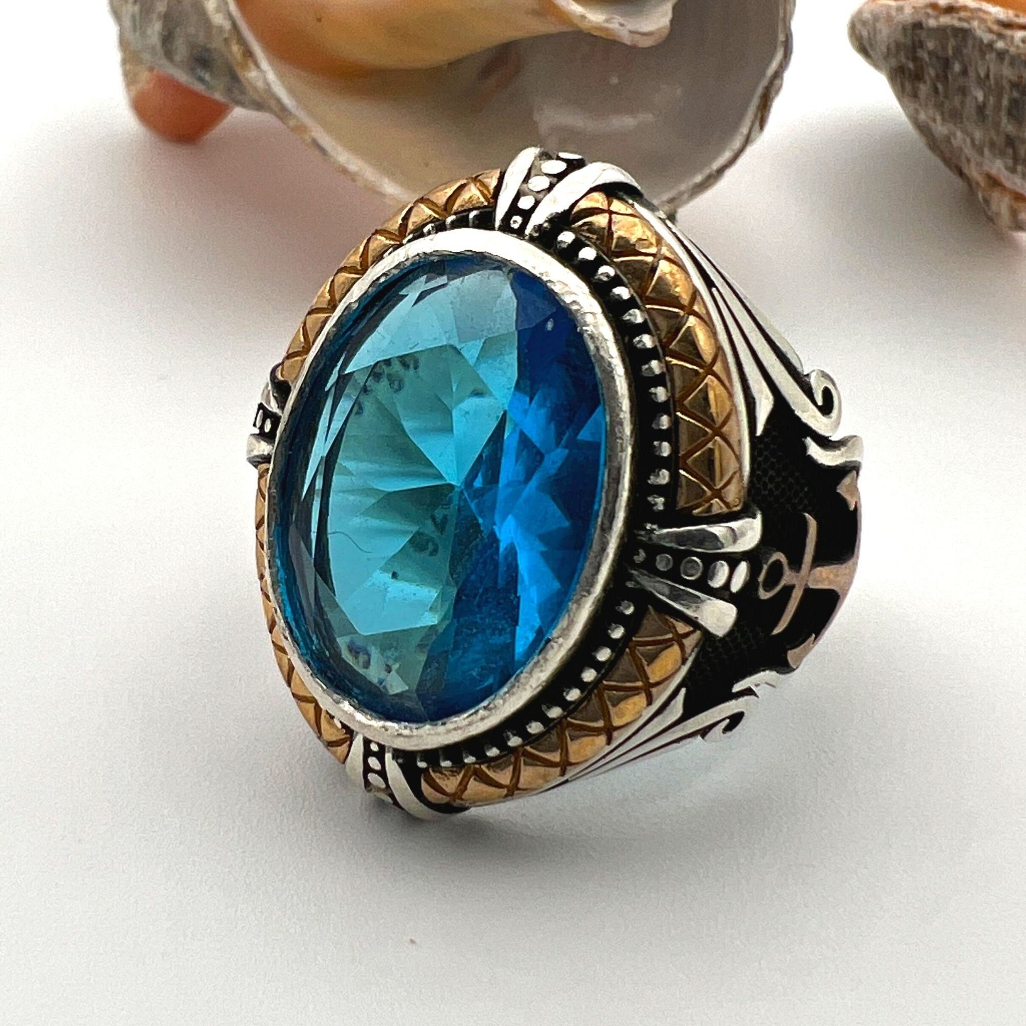 Men's Blue Aquamarine Stone Anchor Ring