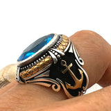 Men's Blue Aquamarine Stone Anchor Ring