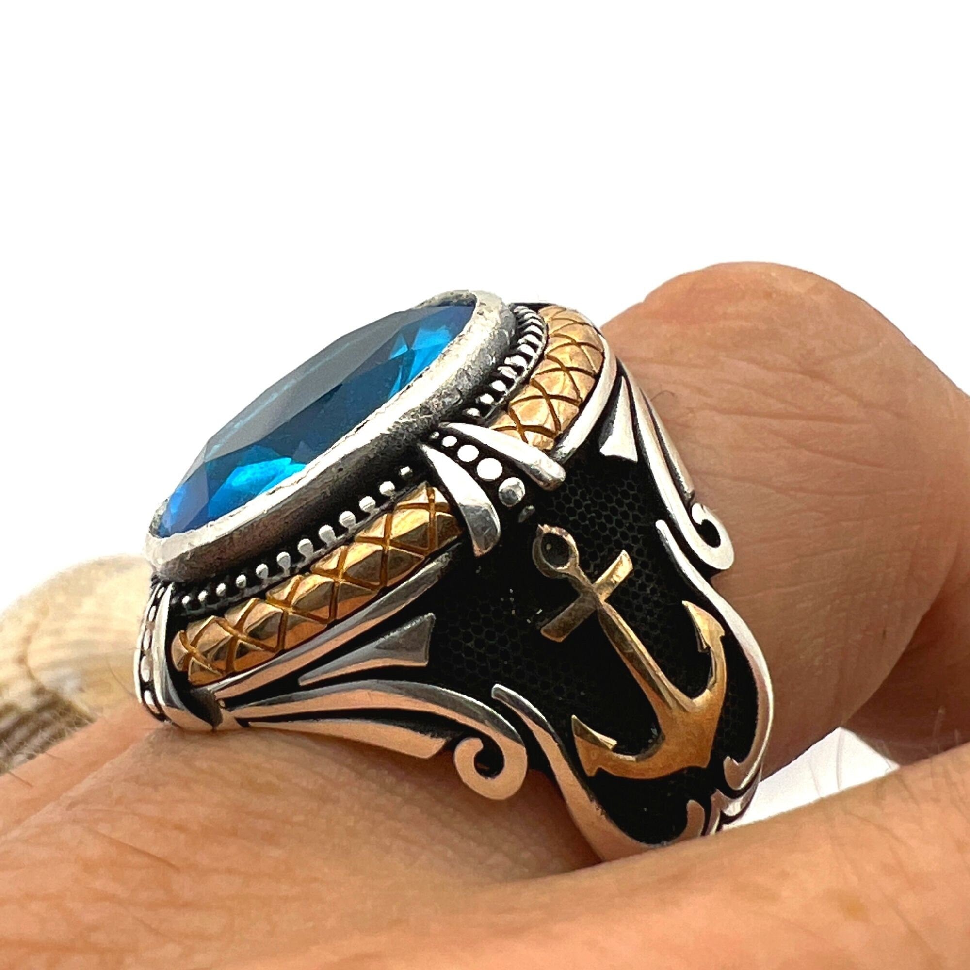Men's Blue Aquamarine Stone Anchor Ring