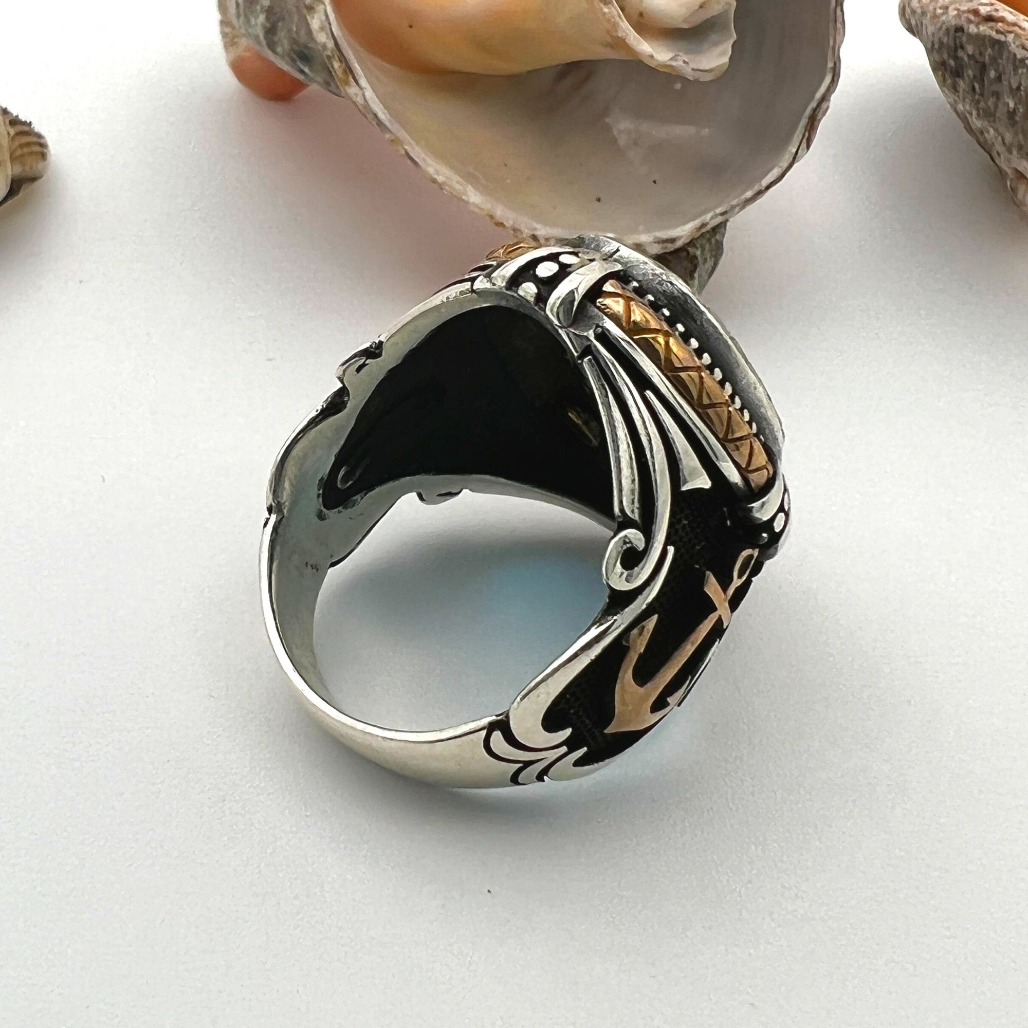 Men's Blue Aquamarine Stone Anchor Ring